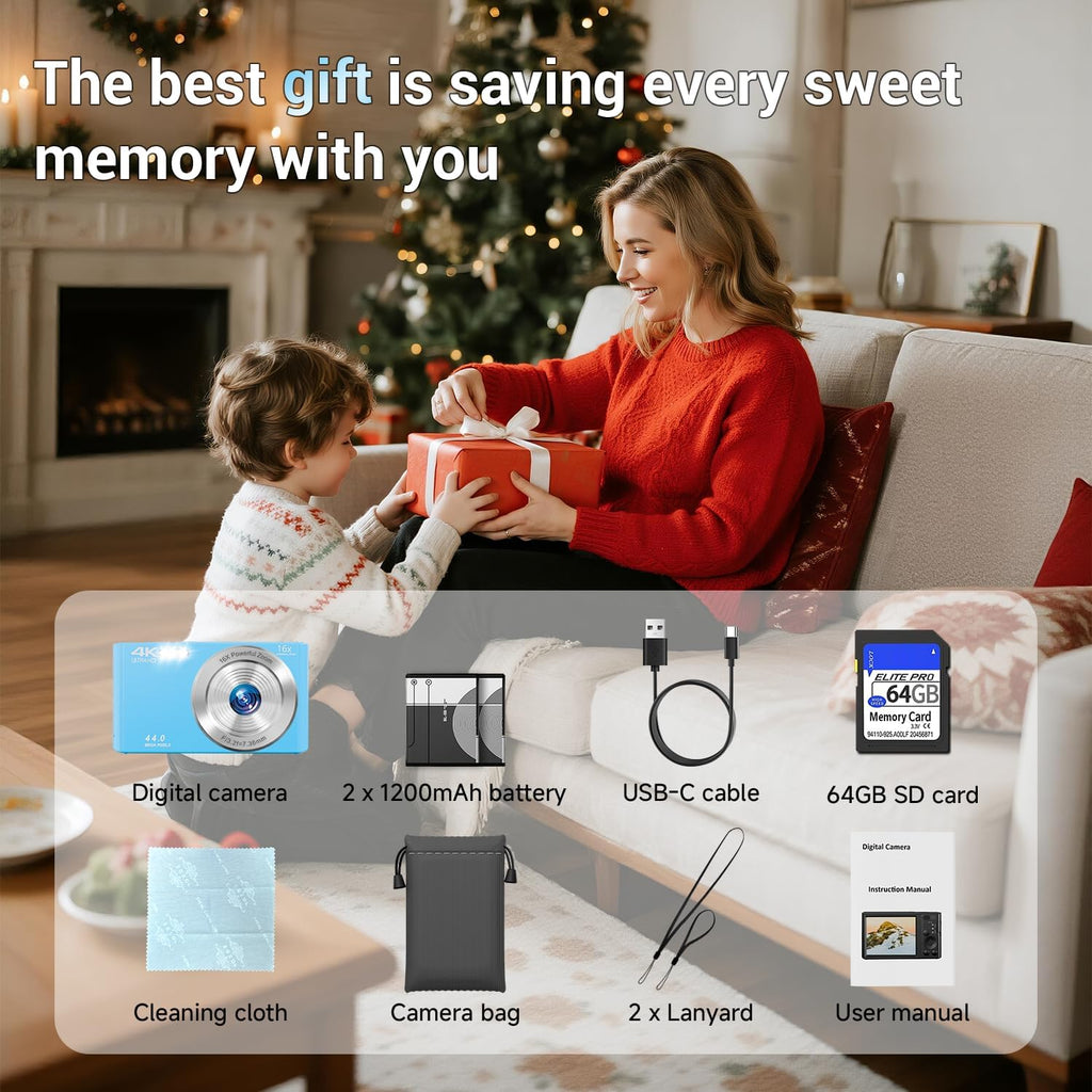 SMARTKLIK Digital Camera for Teens, FHD 4K 44MP with 64GB SD Card, 16X Digital Zoom, Compact Point Shoot Camera Blue