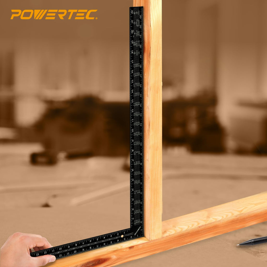 POWERTEC Carpenter Square Set, 16"x24" Framing Square w/Rafter Tables (1PK) & 8"x12" Square Ruler with Imperial & Metric Graduations (1PK) for Woodworking, Construction, Arts & Crafts (80037)