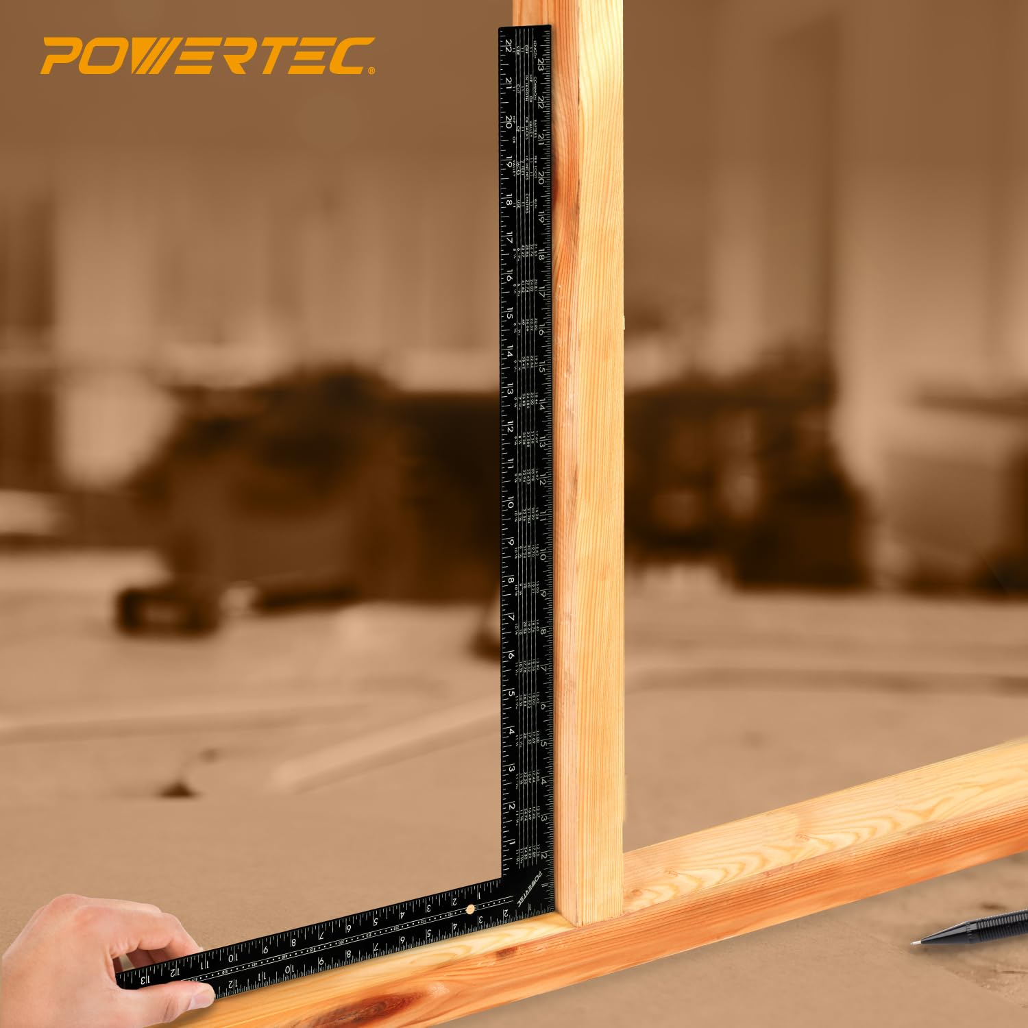 POWERTEC Carpenter Square Set, 16"x24" Framing Square w/Rafter Tables (1PK) & 8"x12" Square Ruler with Imperial & Metric Graduations (1PK) for Woodworking, Construction, Arts & Crafts (80037)