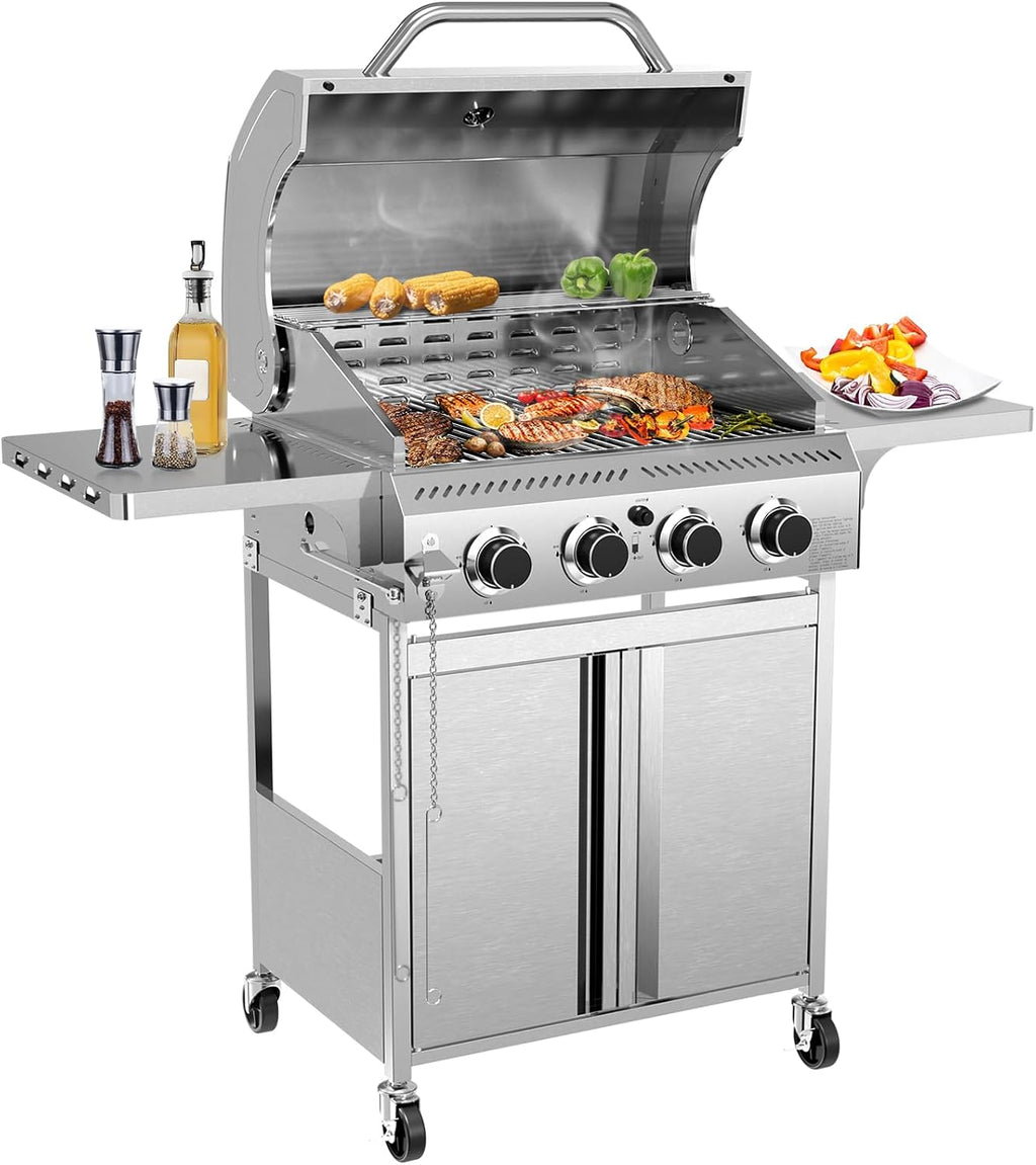 R.W.FLAME 4-Burner Gas Grill with Side Burner, Stainless Steel Propane Grill 42000BTU for Outdoor Cooking, with Porcelain-Enameled Grates, Baking Pan, Silver