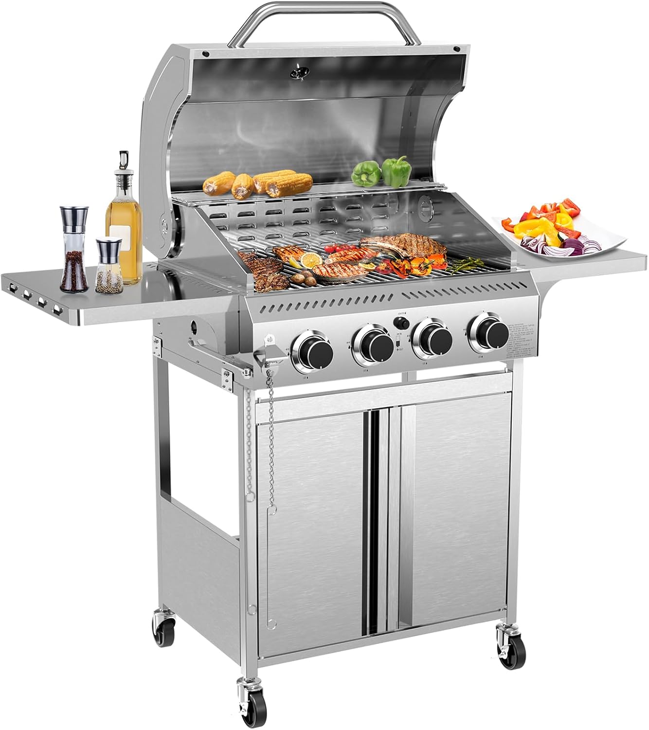 R.W.FLAME 4-Burner Gas Grill with Side Burner, Stainless Steel Propane Grill 42000BTU for Outdoor Cooking, with Porcelain-Enameled Grates, Baking Pan, Silver