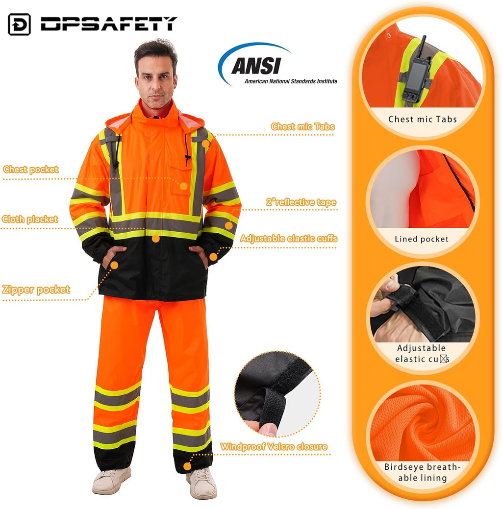Hi Vis Safety rain Jacket，Reflective Class 3 Rain coat with Inner Mesh Lining and Pockets High Visibility Waterproof work Rain Suits for men&women（Orange,LG/XL）