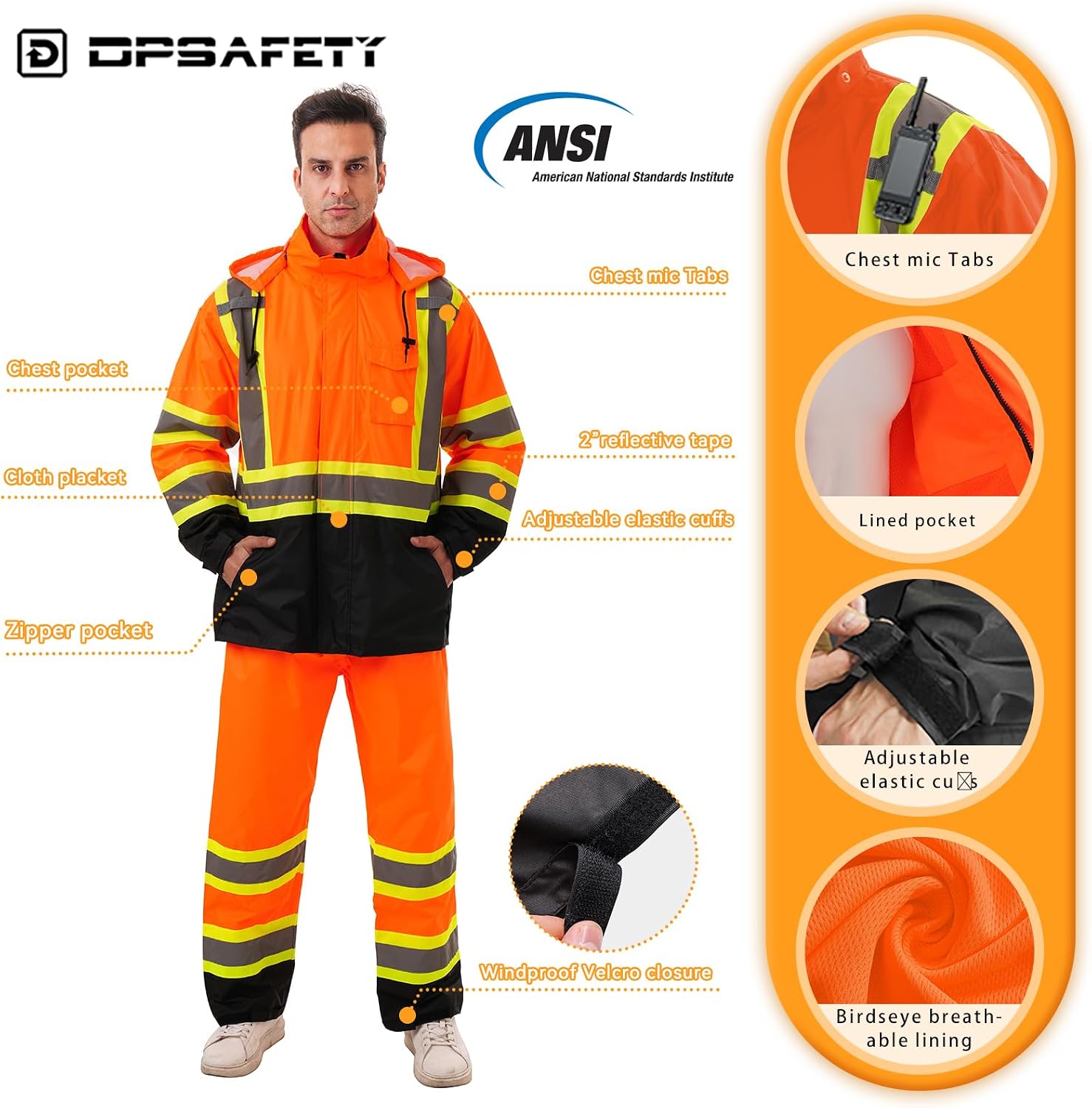 Hi Vis Safety rain Jacket，Reflective Class 3 Rain coat with Inner Mesh Lining and Pockets High Visibility Waterproof work Rain Suits for men&women（Orange,4XL/5XL）