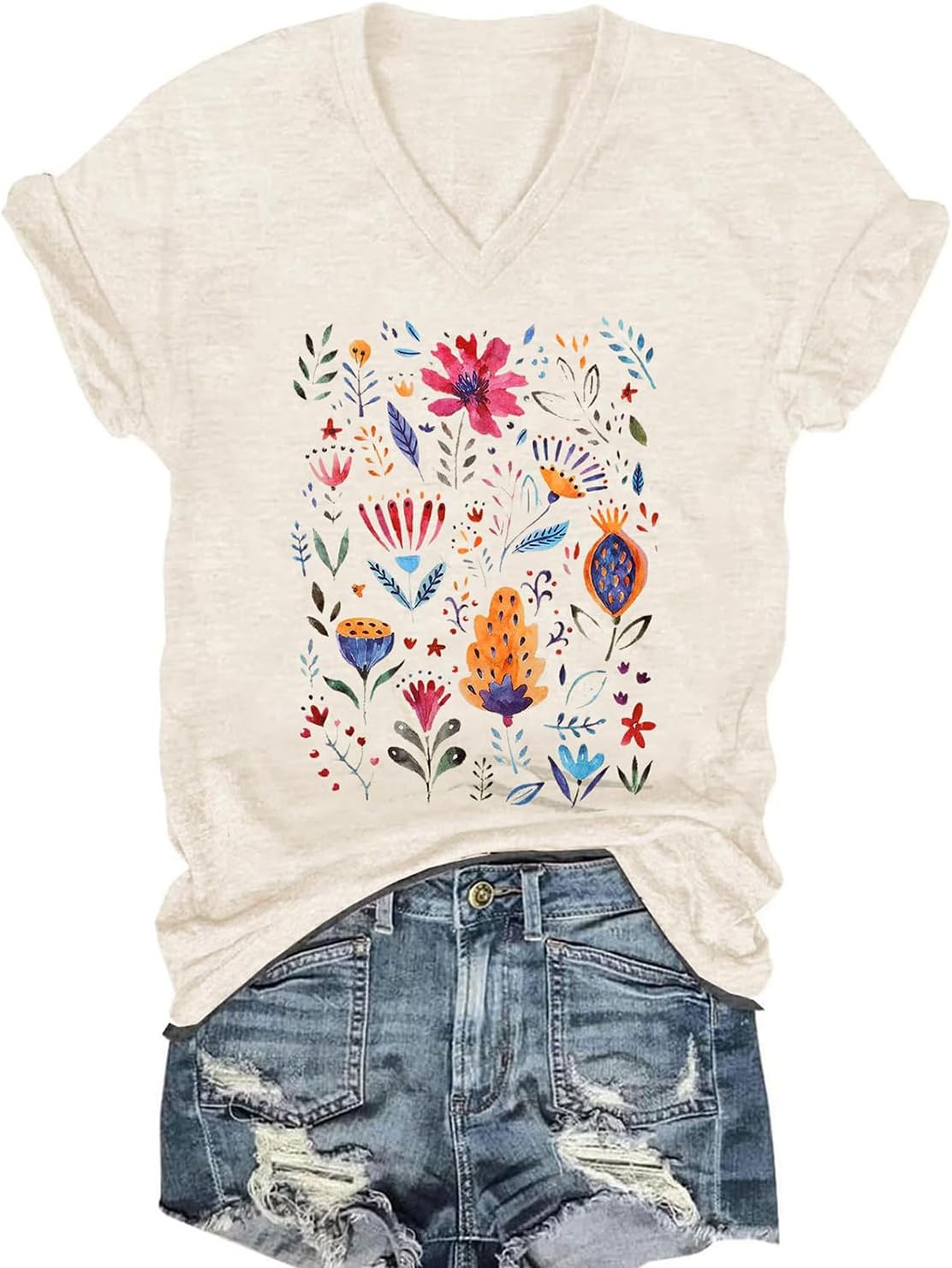 Vintage Boho Tops for Women V-Neck Flowers Shirt Spring Graphic Tees Floral Print Summer Casual Short Sleeve Tshirt Top