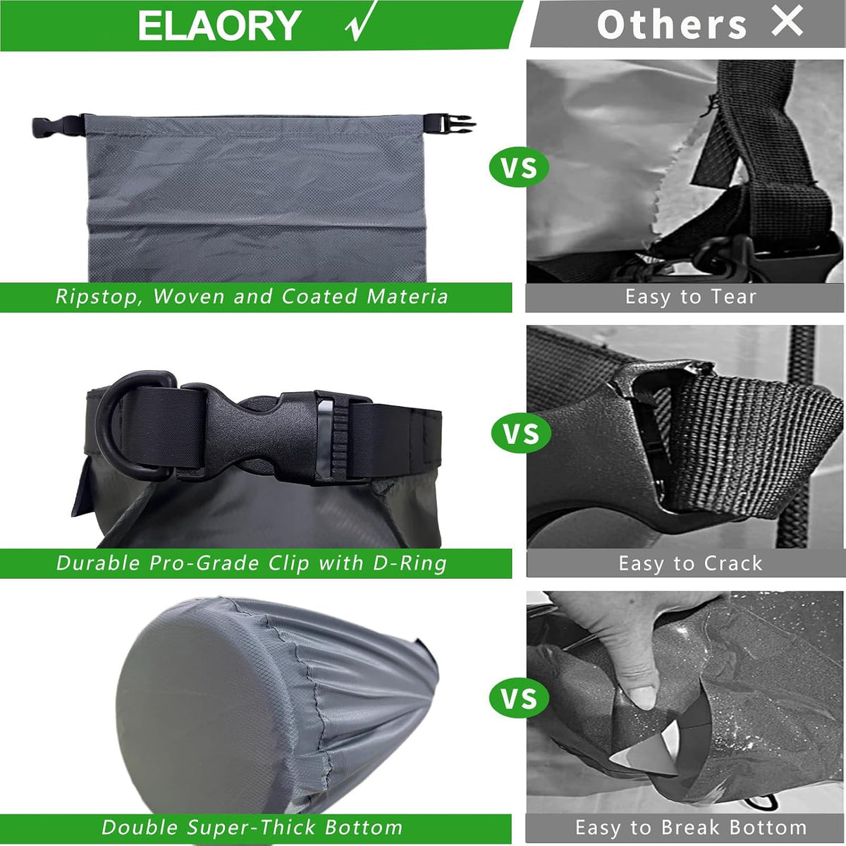 Dry Bags Waterproof 3 Pack (5L, 10L, 20L) - Lightweight Dry Storage Bag Beach Bag for Travel, Boating, Fishing, Rafting, Swimming, Camping & Outdoor Activities - Durable & Compact Design - Grey