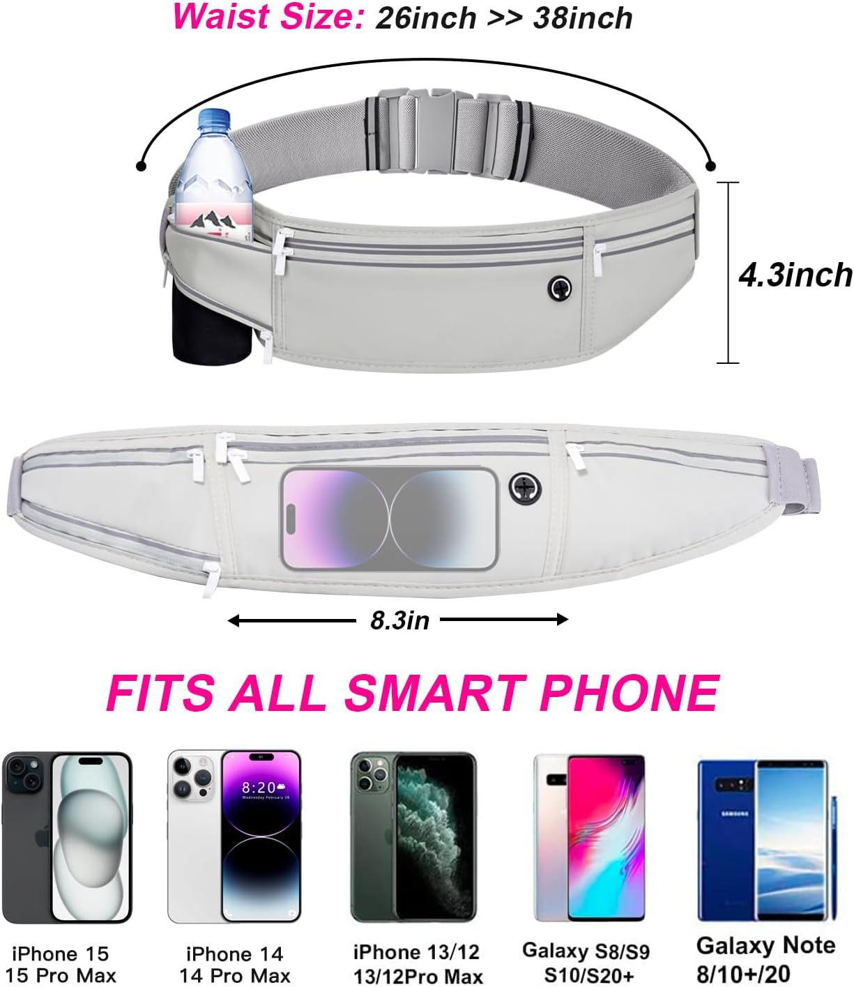 Slim Running Belt for Women Men,Runners Fanny Pack Phone Holder,Money Belt,Running Gear Accessories,with 3 Pockets (Gray)