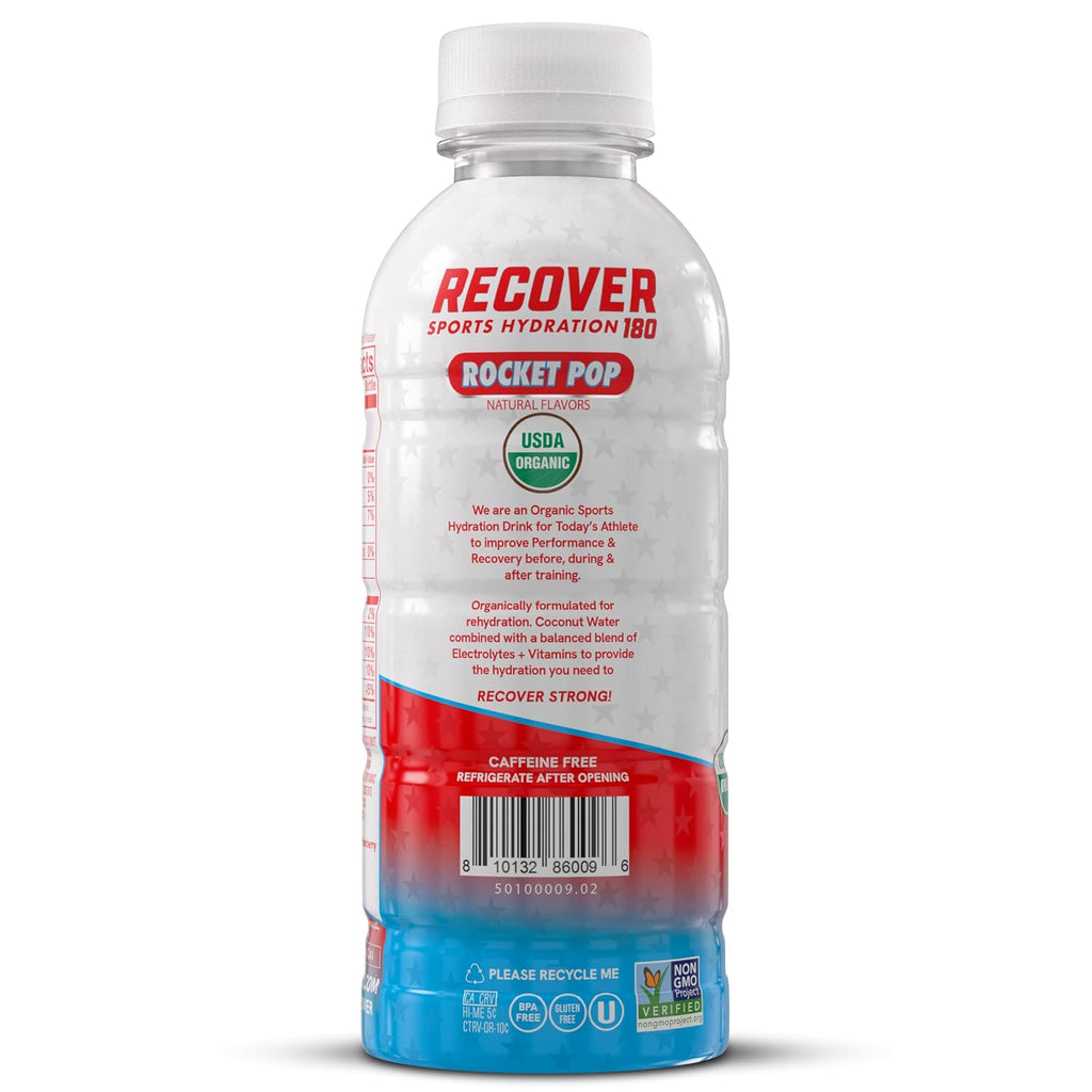RECOVER 180 Organic Sports Hydration Drink, No Sugar Added, 20 Calorie Sports Beverage, Organic Flavors With Vitamins, Potassium-Packed Electrolytes (16.9 Fl Oz (Pack of 12), Rocket Pop)