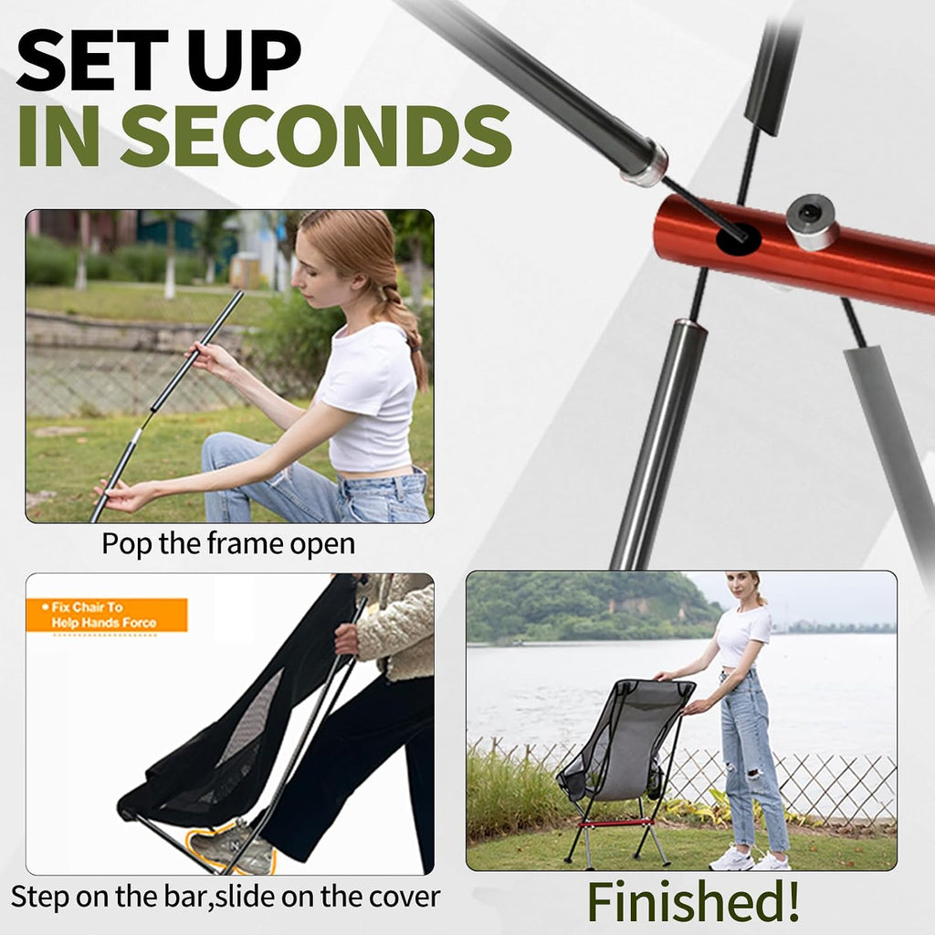 SHALLWE Camping Chairs, All Aluminum Frame Portable Folding Camp Chair for Adults, Heavy Duty High Back Collapsible with Built-in Pillow, Side Pocket, Carry Bag for Backpacking, Hiking, Beach