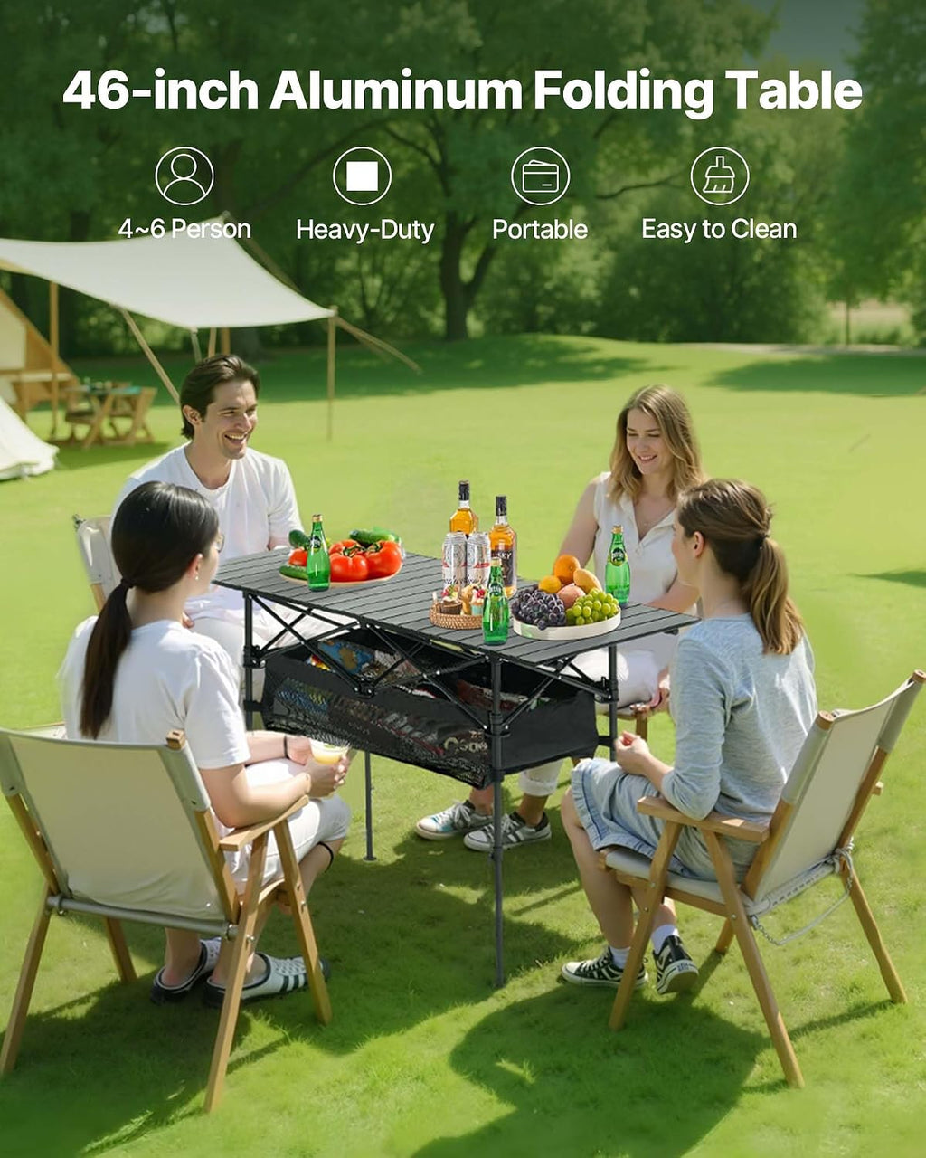 VEVOR Folding Camping Table, Portable Roll Up Side Tables, Lightweight Aluminum Beach Table for Outdoor BBQ Tailgating Picnic, Travel (47 inch-Black)