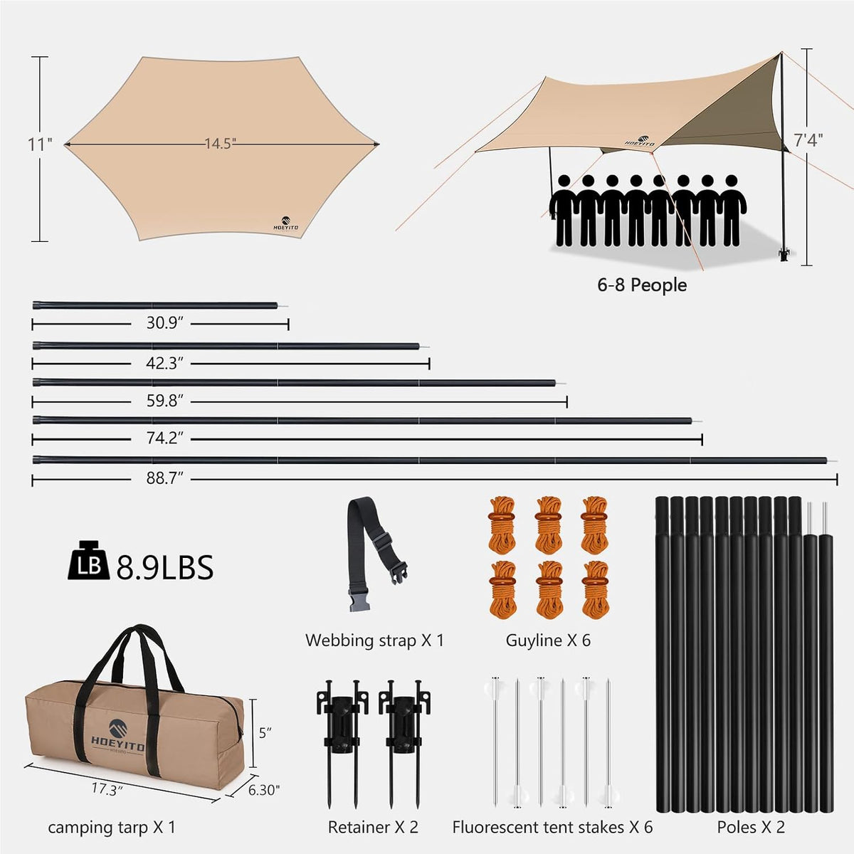 Camping Tarp with Poles & Retainer, 14.5x11FT PU9000mm Waterproof 210D Oxford Cloth Camping Awning, UV Blocking Rate 99.99% Camping Canopy Tent Tarp for Outdoor, Hammock, Car, Picnic (Khaki)
