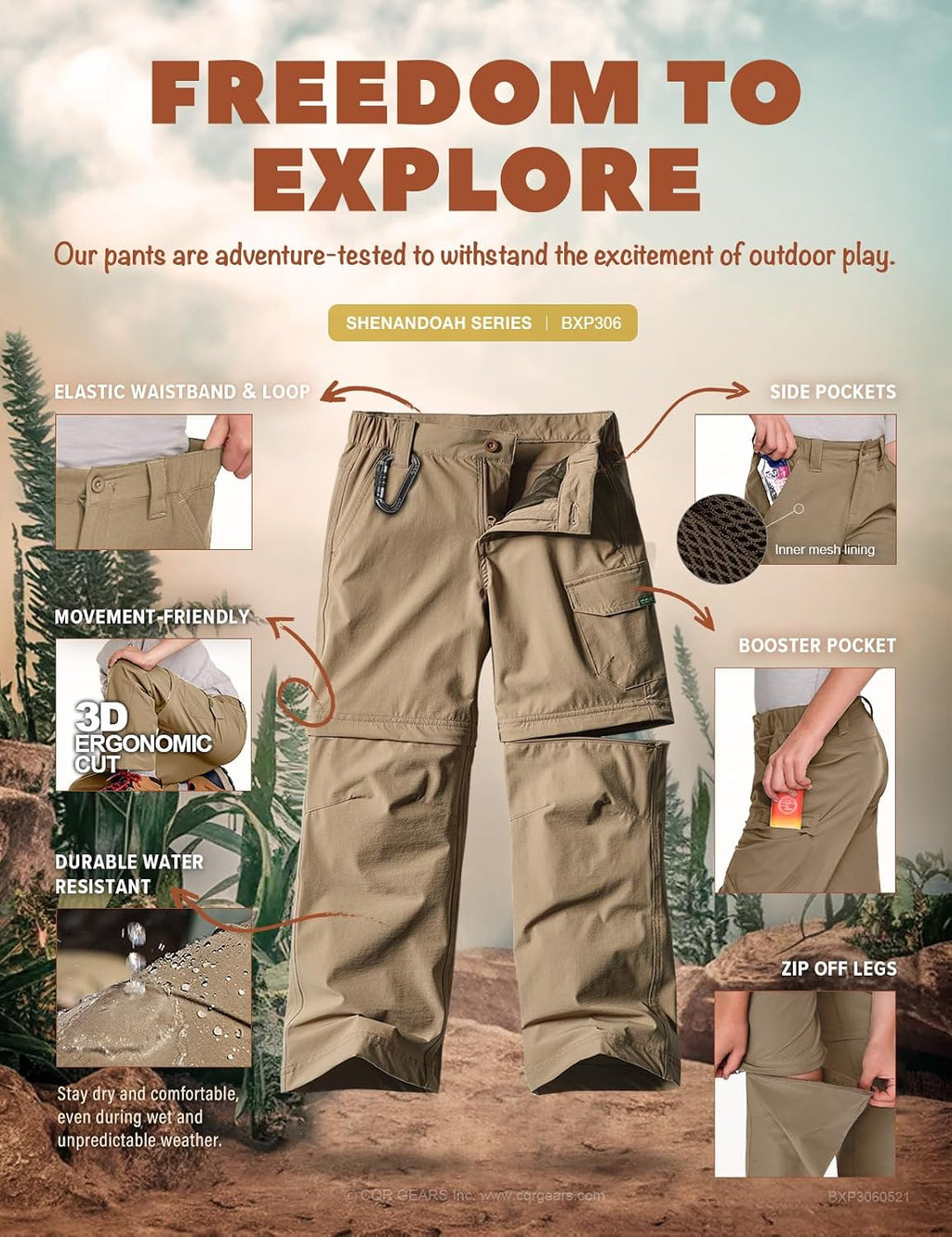 CQR Kids Youth Hiking Cargo Pants, UPF 50+ Quick Dry Convertible Zip Off Pants, Outdoor Camping Pants