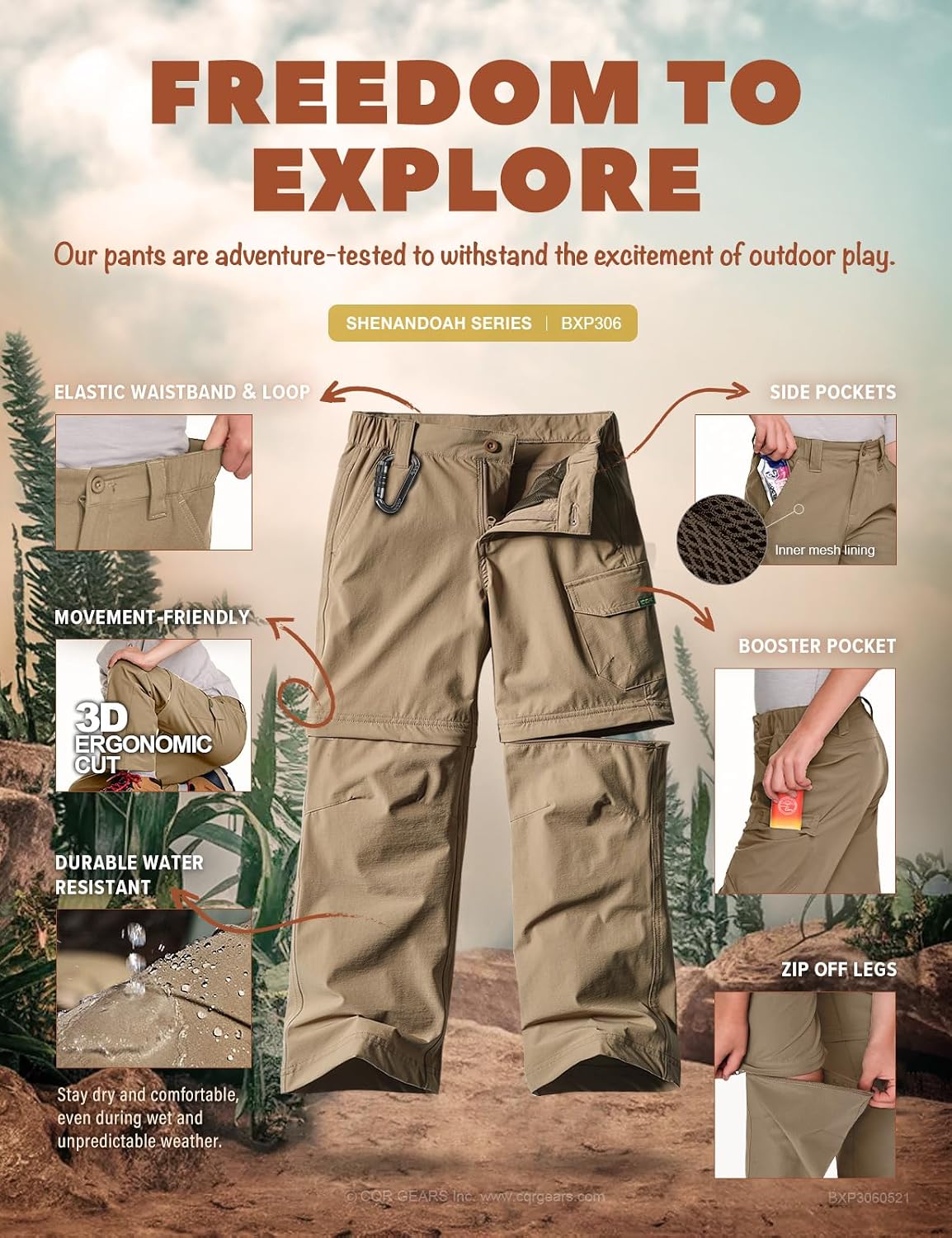 CQR Kids Youth Hiking Cargo Pants, UPF 50+ Quick Dry Convertible Zip Off Pants, Outdoor Camping Pants
