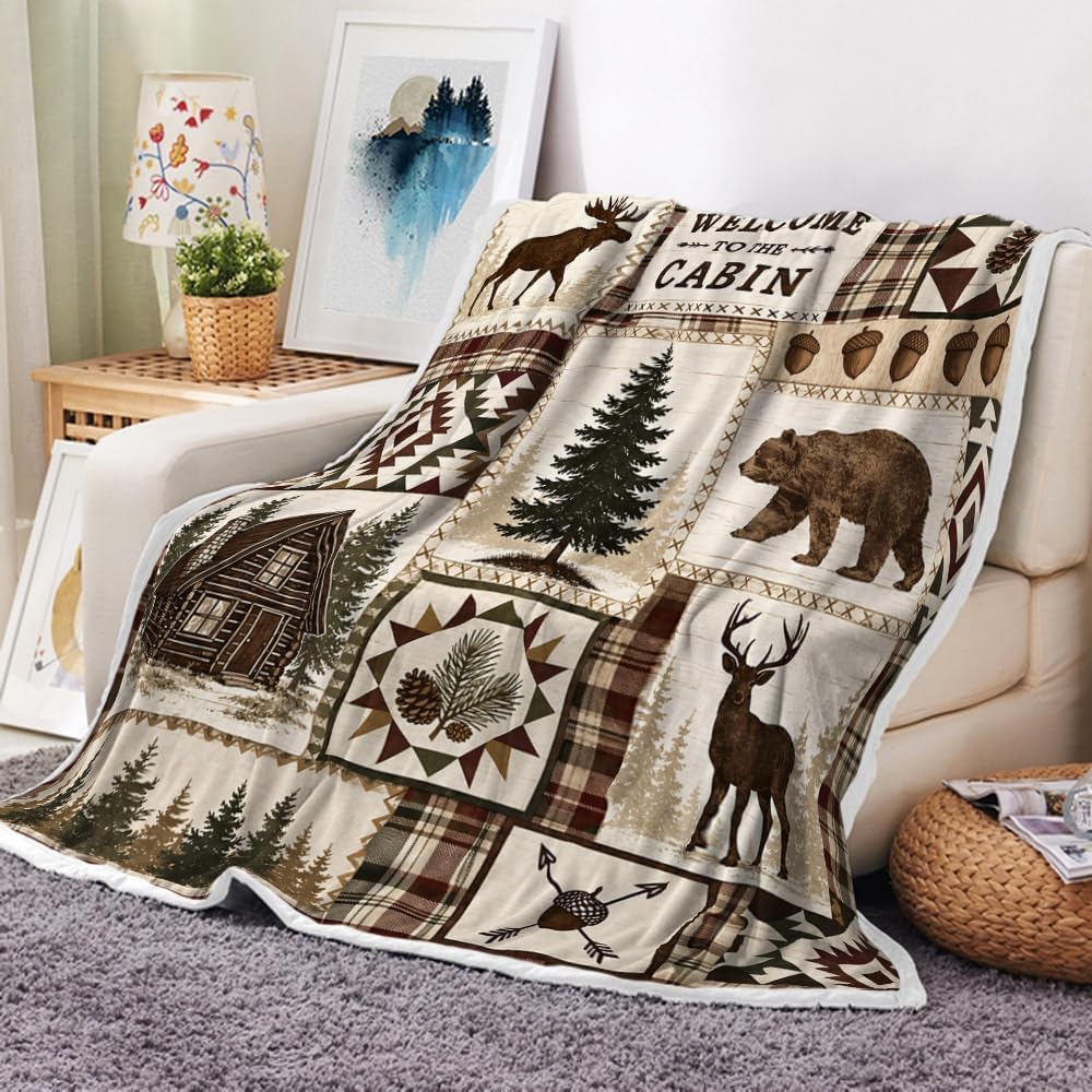 Rustic Cabin Throw Blanket, Welcome To The Cabin Moose Bear Plaid Decor
