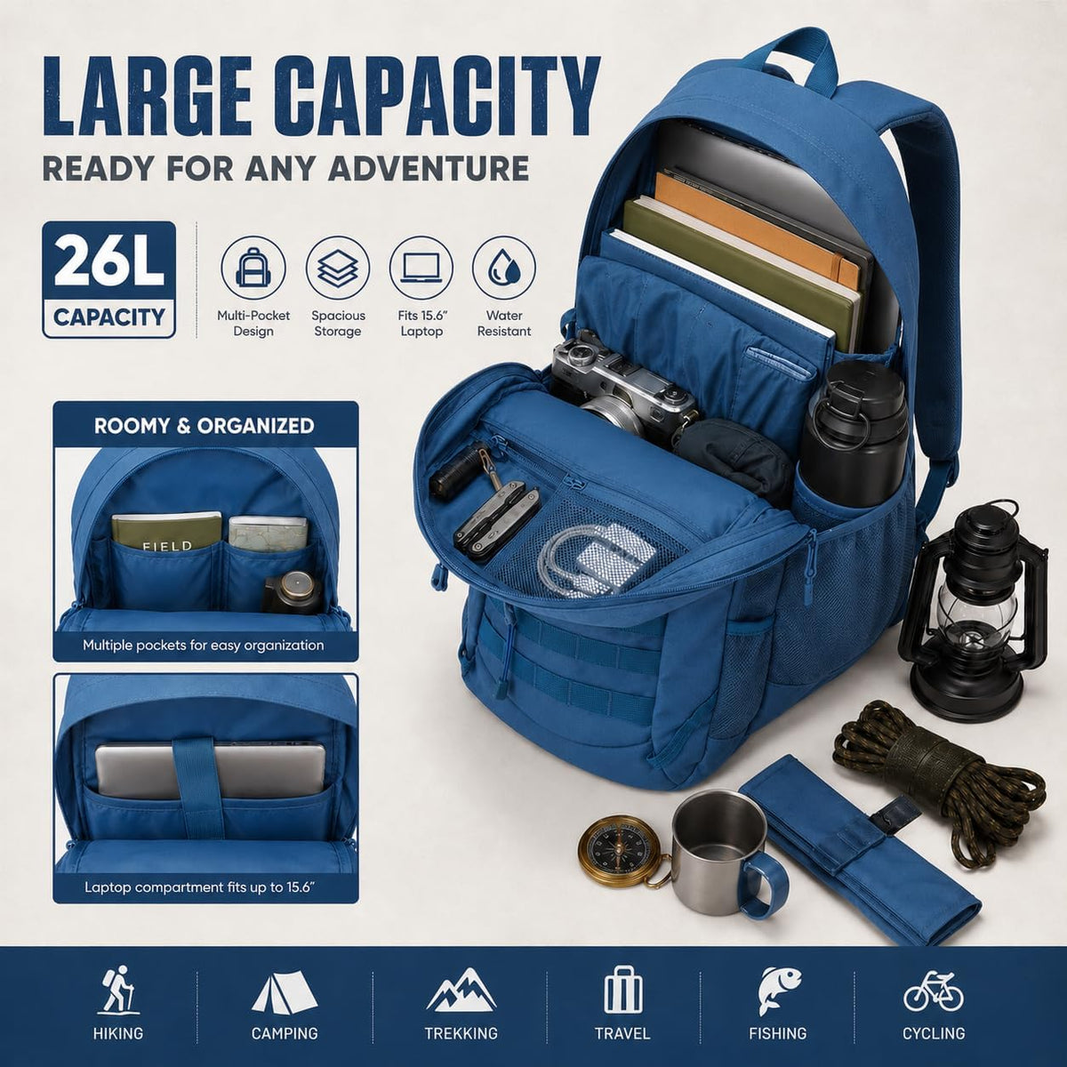 Hiking Travel Backpacks Men and Women, Lightweight Waterproof Laptop Backpack Outdoor Camping Backpack Hiking Daypack for Travel, Trekking, Work 26L (Blue)