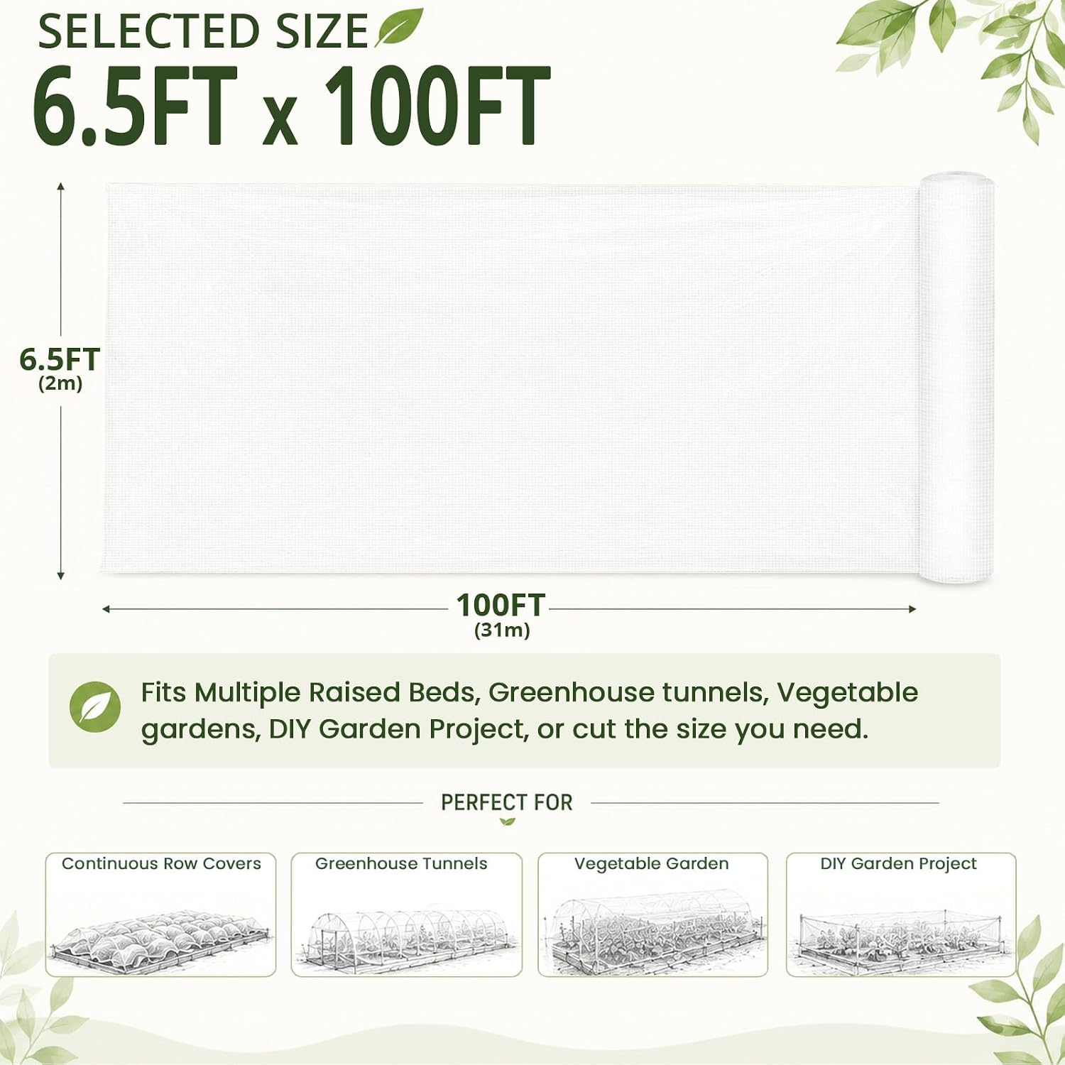 Roll Packed 6.5x100FT Garden Netting, Fine Mesh Insect Barrier for Plants