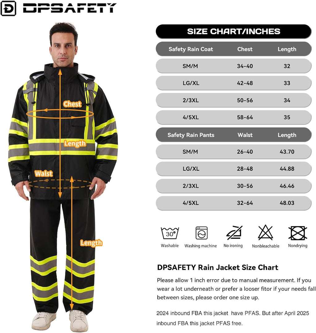 Hi Vis Safety rain Jacket，Reflective Class 3 Rain coat with Inner Mesh Lining and Pockets High Visibility Waterproof work Rain Suits for men&women（Black,LG/XL）