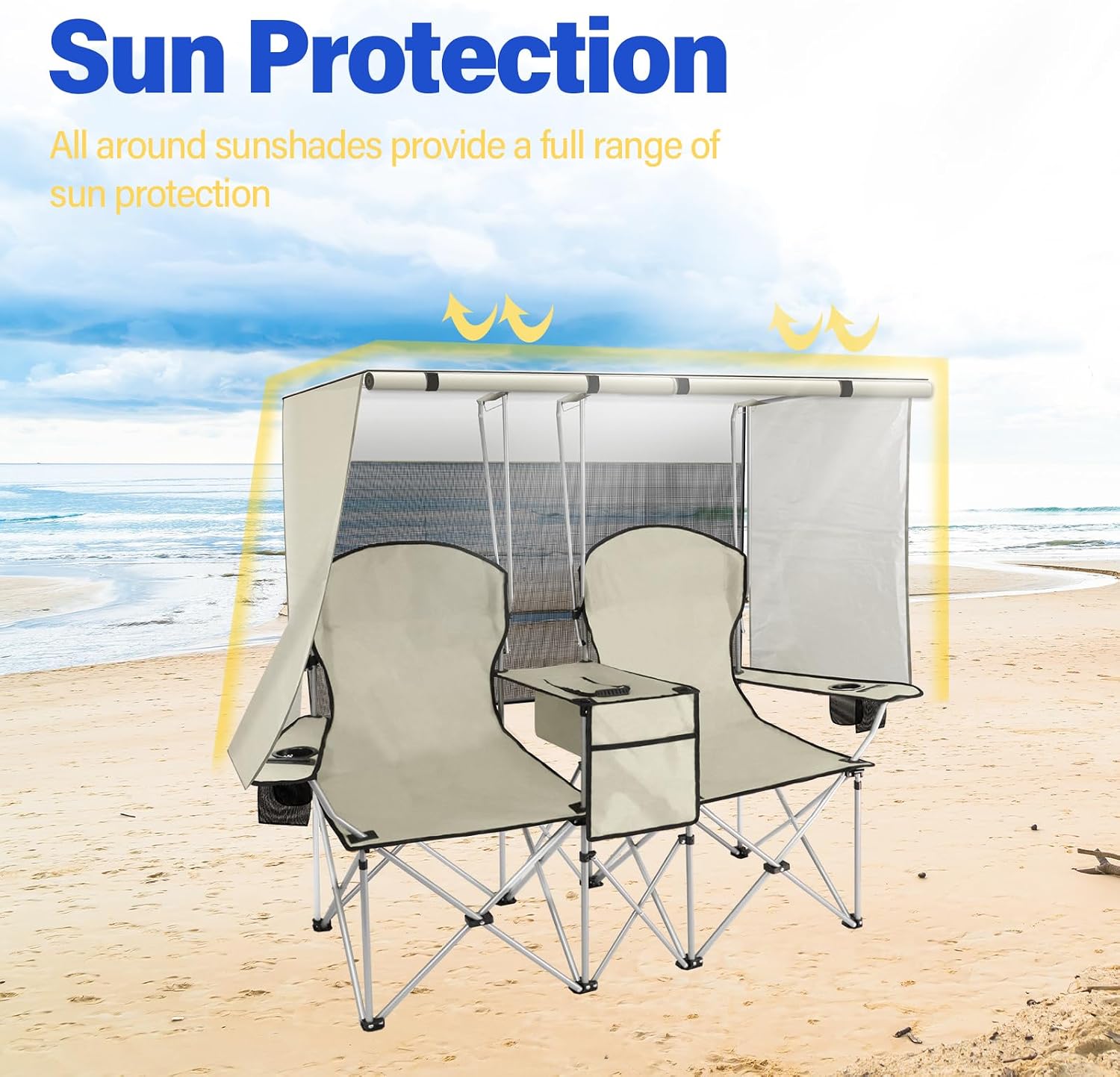 Double Camping Chair with Canopy,Beach Chair Support 600LBS,White