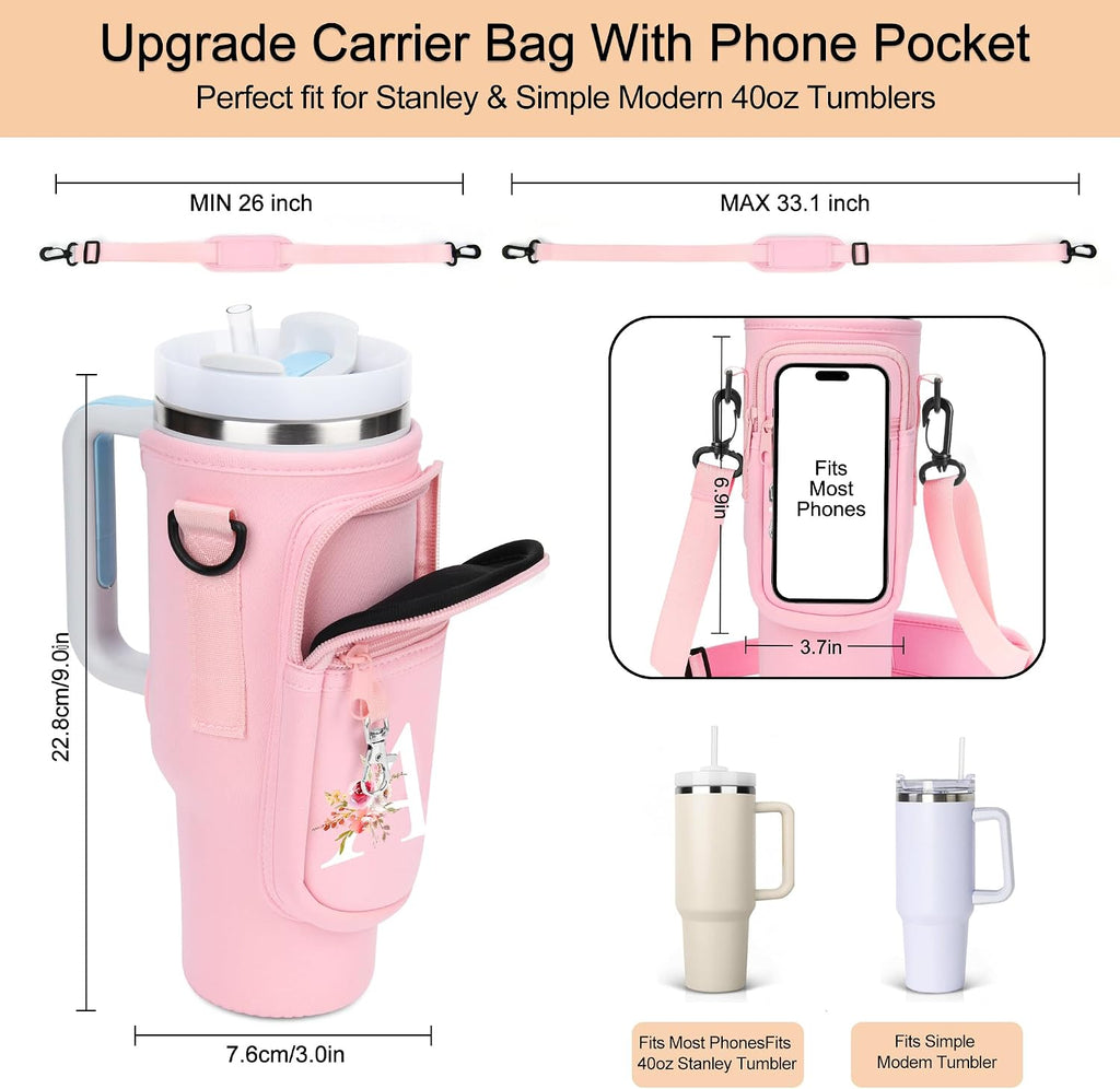 Initial Water Bottle Holder with Strap for Stanley Cup Accessories 40 oz/Simple Modern Tumbler, Birthdays for Women Girls, Water Bottle Carrier Bag with Phone Pocket,Hiking Walking Gym Camping
