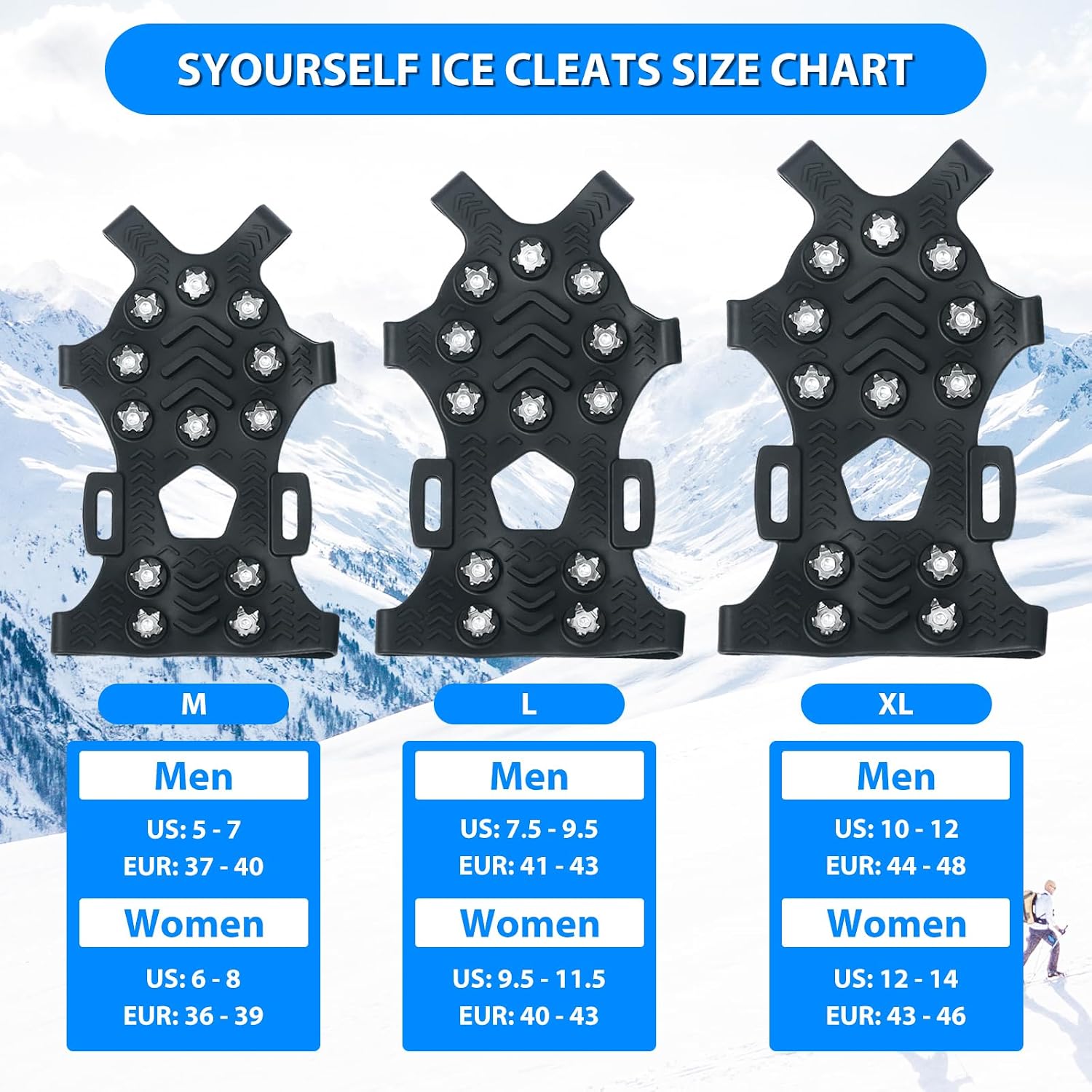 SYOURSELF Ice Cleats, Crampons Ice Cleats for Shoes and Boots Women Men Kids, Non Slip Grippers Spikes for Shoes with Straps, Ice Traction Cleats for Snow and Ice, Hiking, Walking, Fishing, Climbing