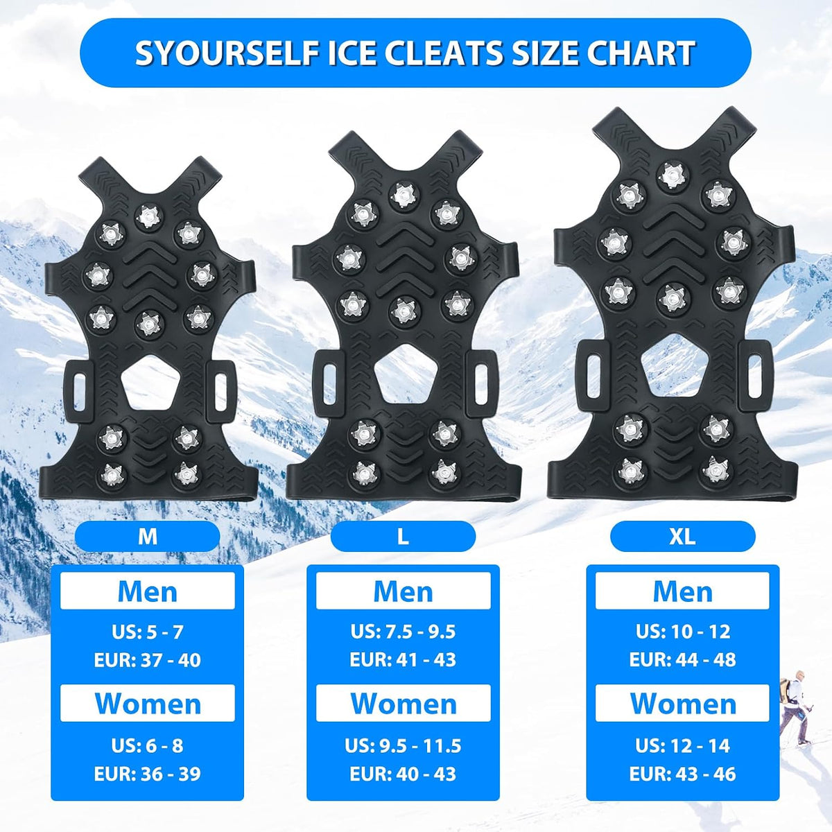 SYOURSELF Ice Cleats, Crampons Ice Cleats for Shoes and Boots Women Men Kids, Non Slip Grippers Spikes for Shoes with Straps, Ice Traction Cleats for Snow and Ice, Hiking, Walking, Fishing, Climbing