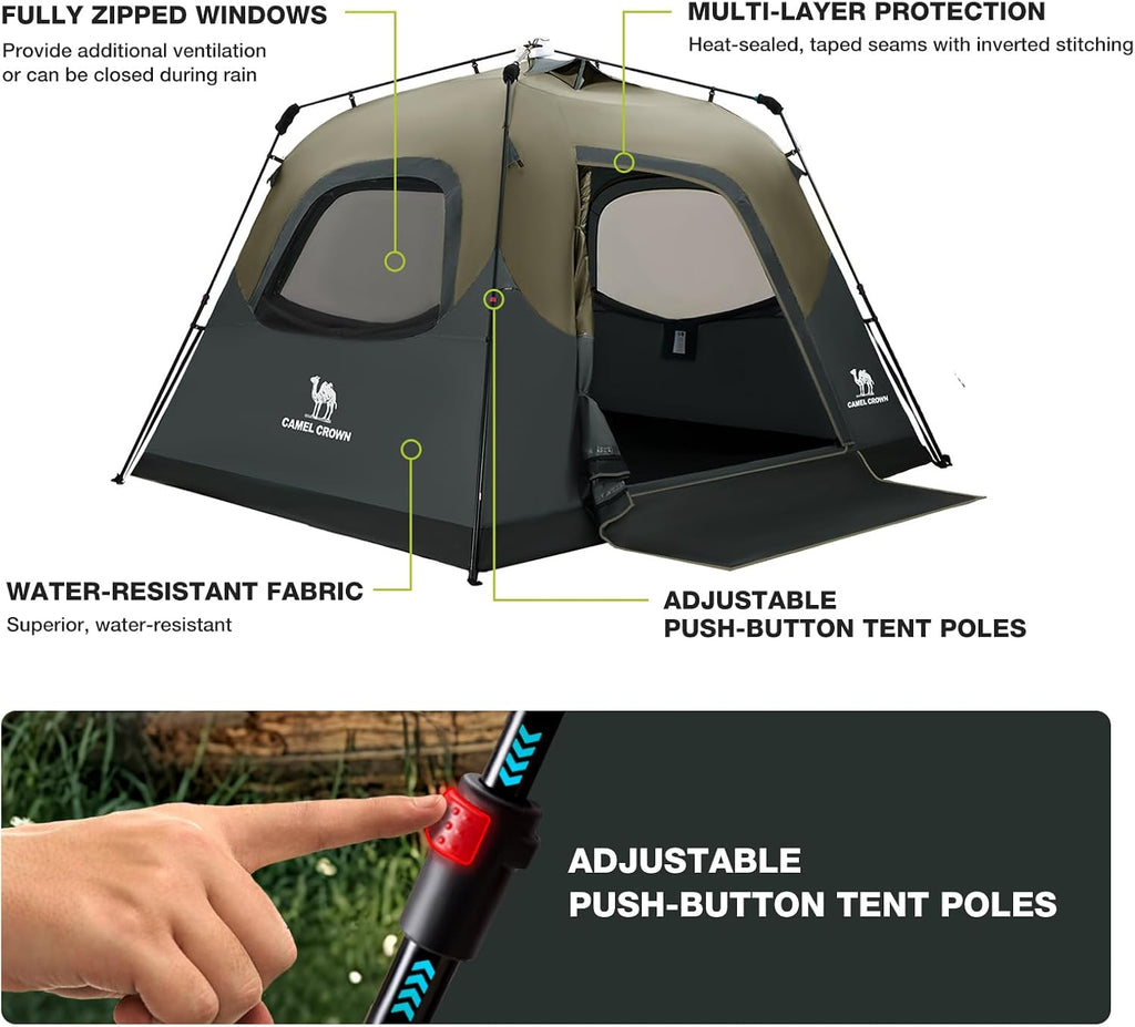 CAMEL CROWN 4/6 Person Instant Cabin Tent, Pop Up Windproof Tents for Camping, 60-Second Setup Family Tent with Carry Bag for Outdoor Hiking