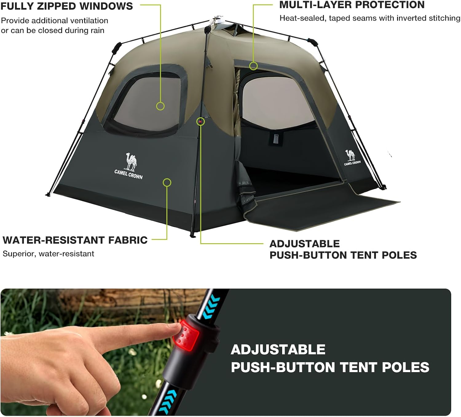 CAMEL CROWN 4/6 Person Instant Cabin Tent, Pop Up Windproof Tents for Camping, 60-Second Setup Family Tent with Carry Bag for Outdoor Hiking
