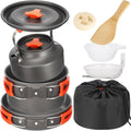 10 PCS Camping Cookware Set, Camp Pot Pan Kettle Plastic Bowls Soup Spoon, Lightweight Aluminum Outdoor Cooking Set with Drawstring Storage Bag for Backpacking Hiking RV Trip