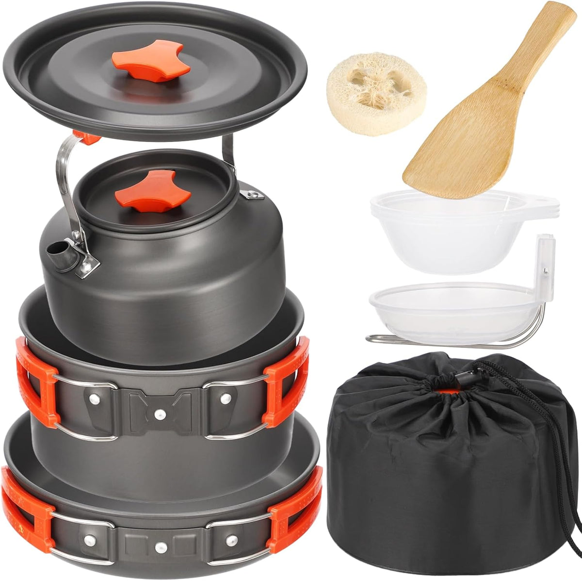 10 PCS Camping Cookware Set, Camp Pot Pan Kettle Plastic Bowls Soup Spoon, Lightweight Aluminum Outdoor Cooking Set with Drawstring Storage Bag for Backpacking Hiking RV Trip
