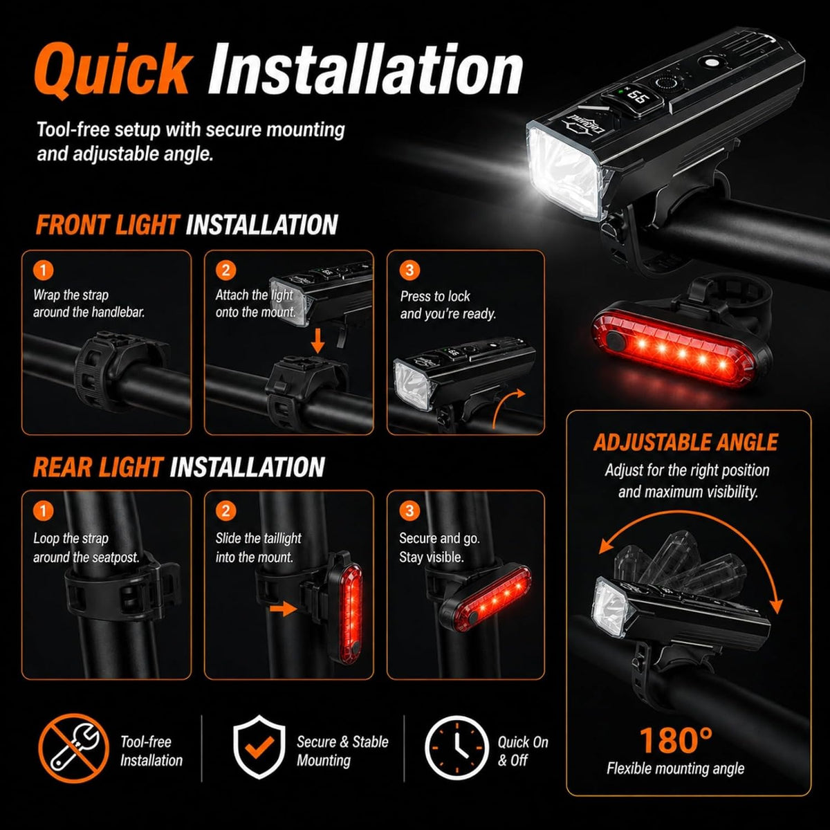 Front & Rear Bike Light Kit, IPX6 Waterproof Rechargeable Bicycle Light