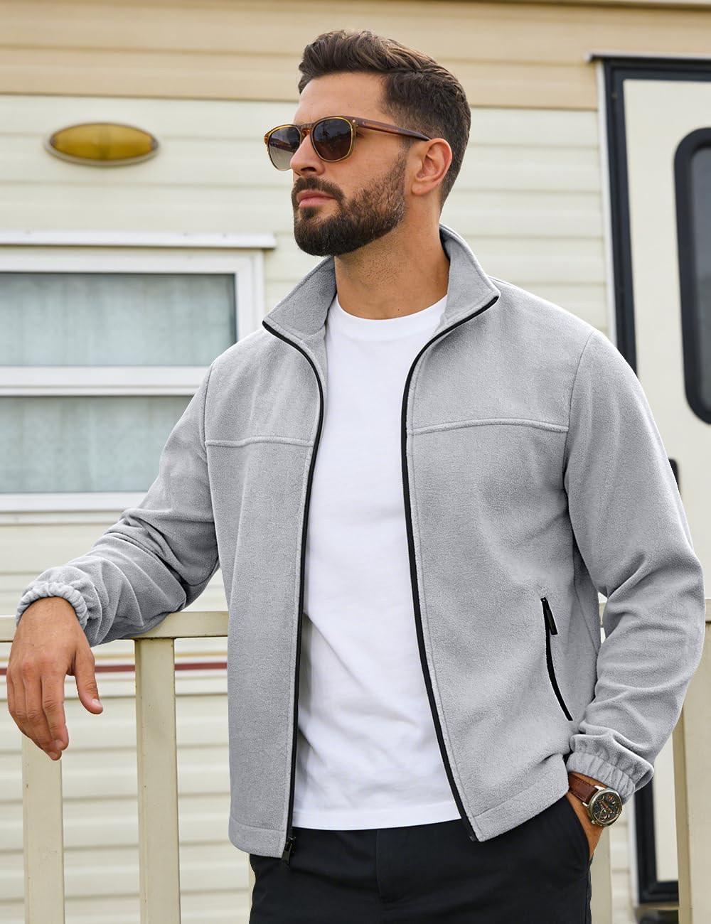 Mens Polar Fleece Jacket Full Zip Lightweight Casual Outdoor Jackets Stand Collar Warm Coats with Pockets