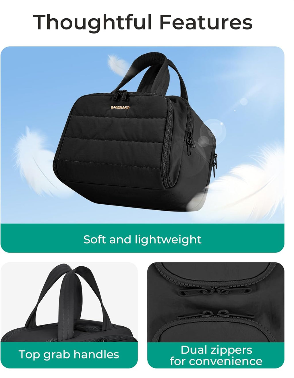 BAGSMART Travel Toiletry Bag, Lightweight Large Wide-open Travel Bag for Women, Puffy Cosmetic Makeup Bag Organizer with Handle for Accessories,Essentials, Toiletries, Black
