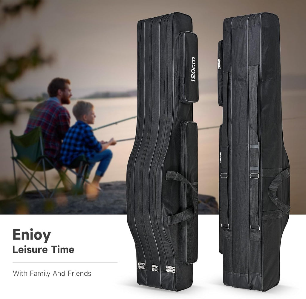 3 Layers Fishing Pole Bag,Portable 3 Layers Oxford Folding Rod Carry Case,Fishing Reel Tackle Storage Bag Case
