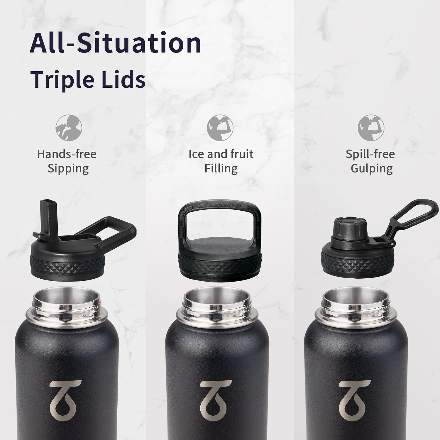 Trebo Insulated Water Bottle 32 oz with 3 Lids, Paracord Handle & Sleeve