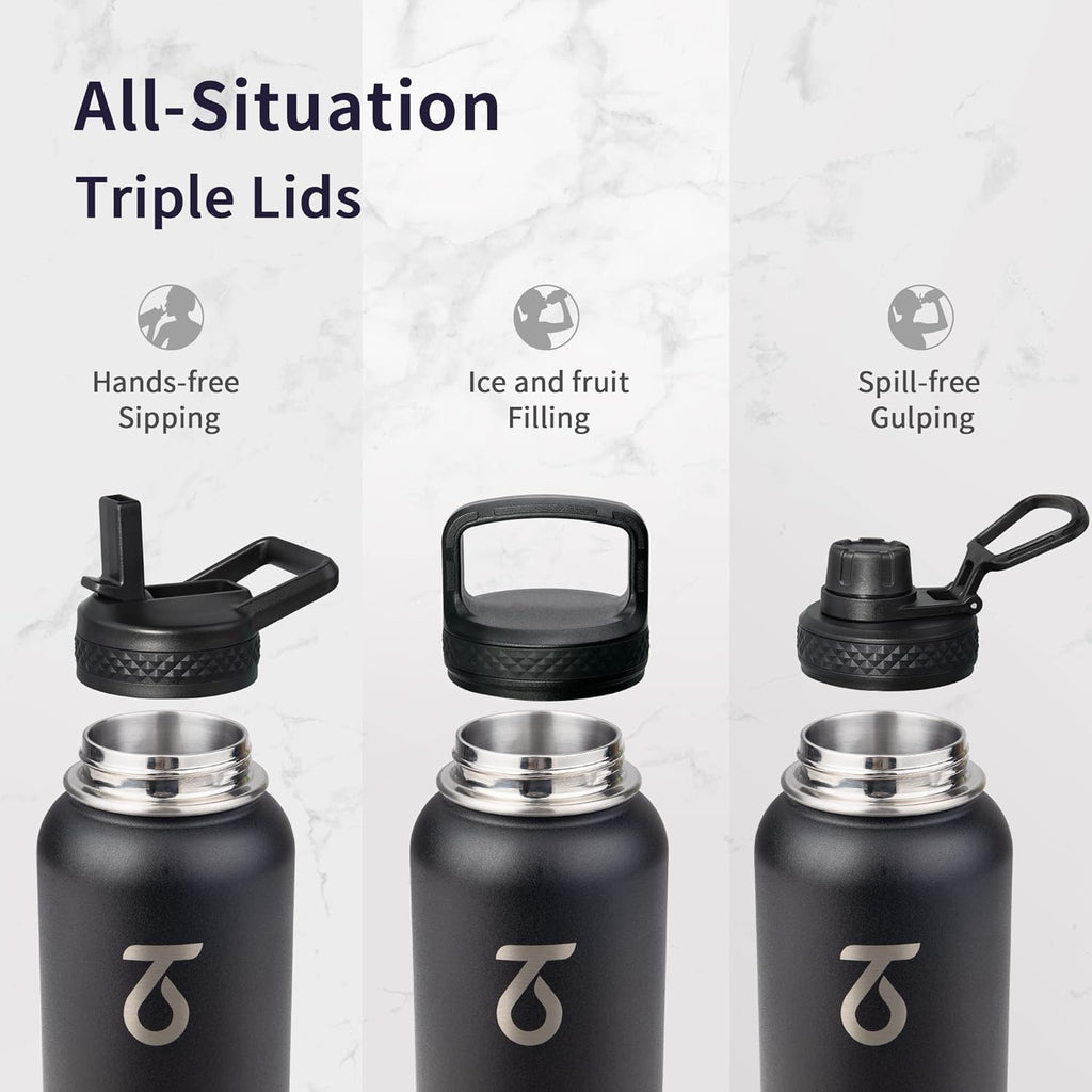 Trebo Water Bottle Insulated 40 oz with 3 Lids, Paracord Handle & Sleeve