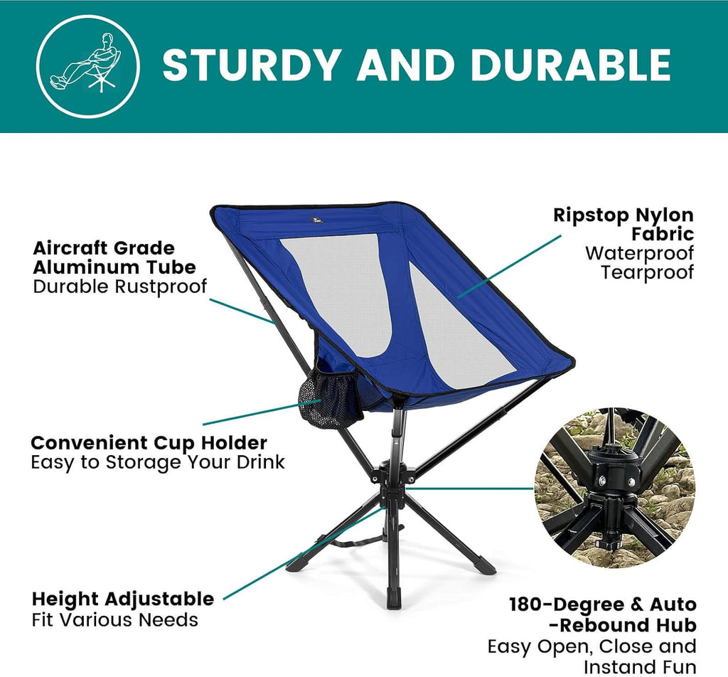 TCEK Portable Camping Chair - SwivelCore 180 Swivel & Auto-Return, Small Compact Lightweight Folding Chairs for Adults, Outdoor Backpack Chair for Adventures, Setup in Seconds, Support 300 LBS