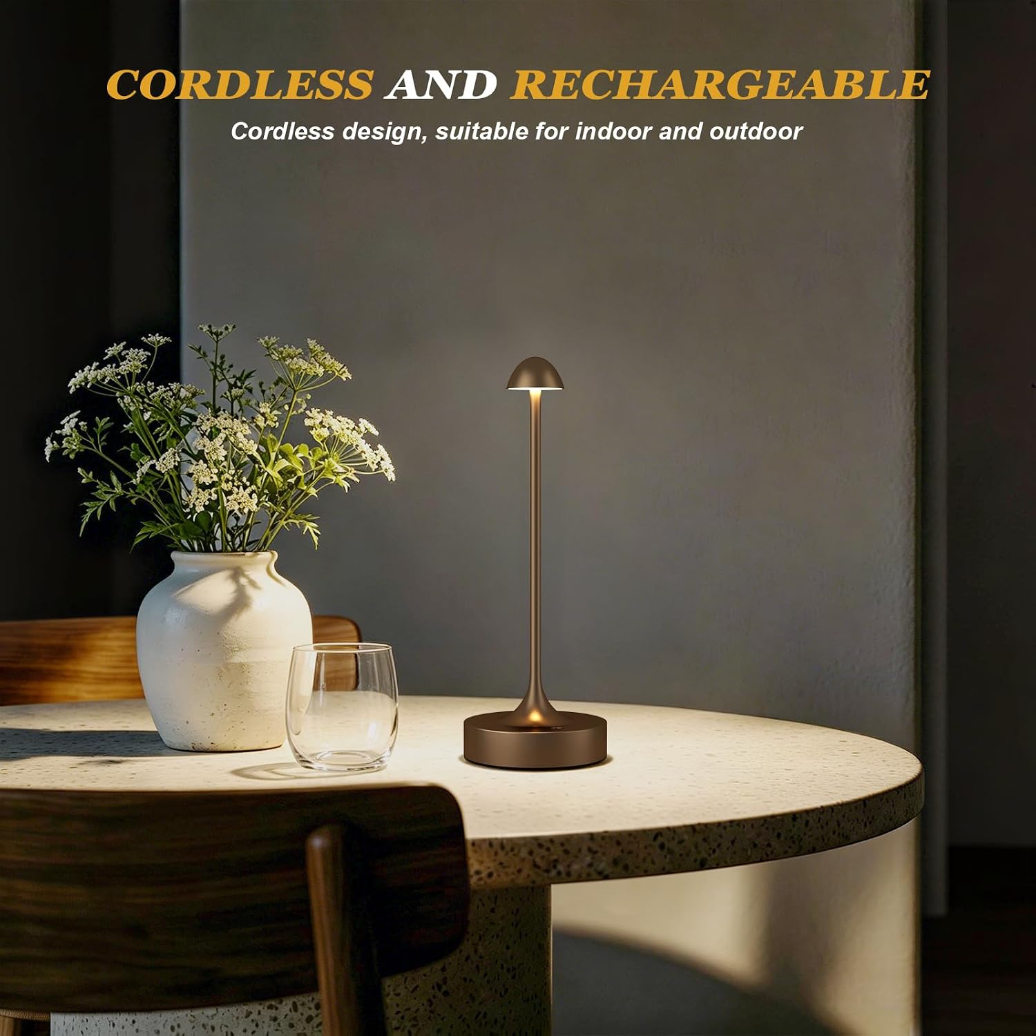Kakanuo Rechargeable Cordless Table Lamp, Battery Operated Lamps, 3-Color Stepless Dimming, Portable Wireless Desk Lamp, LED Lighting for Dining Room, Restaurant, Office, Bar, Home(Brown 2 Pack)
