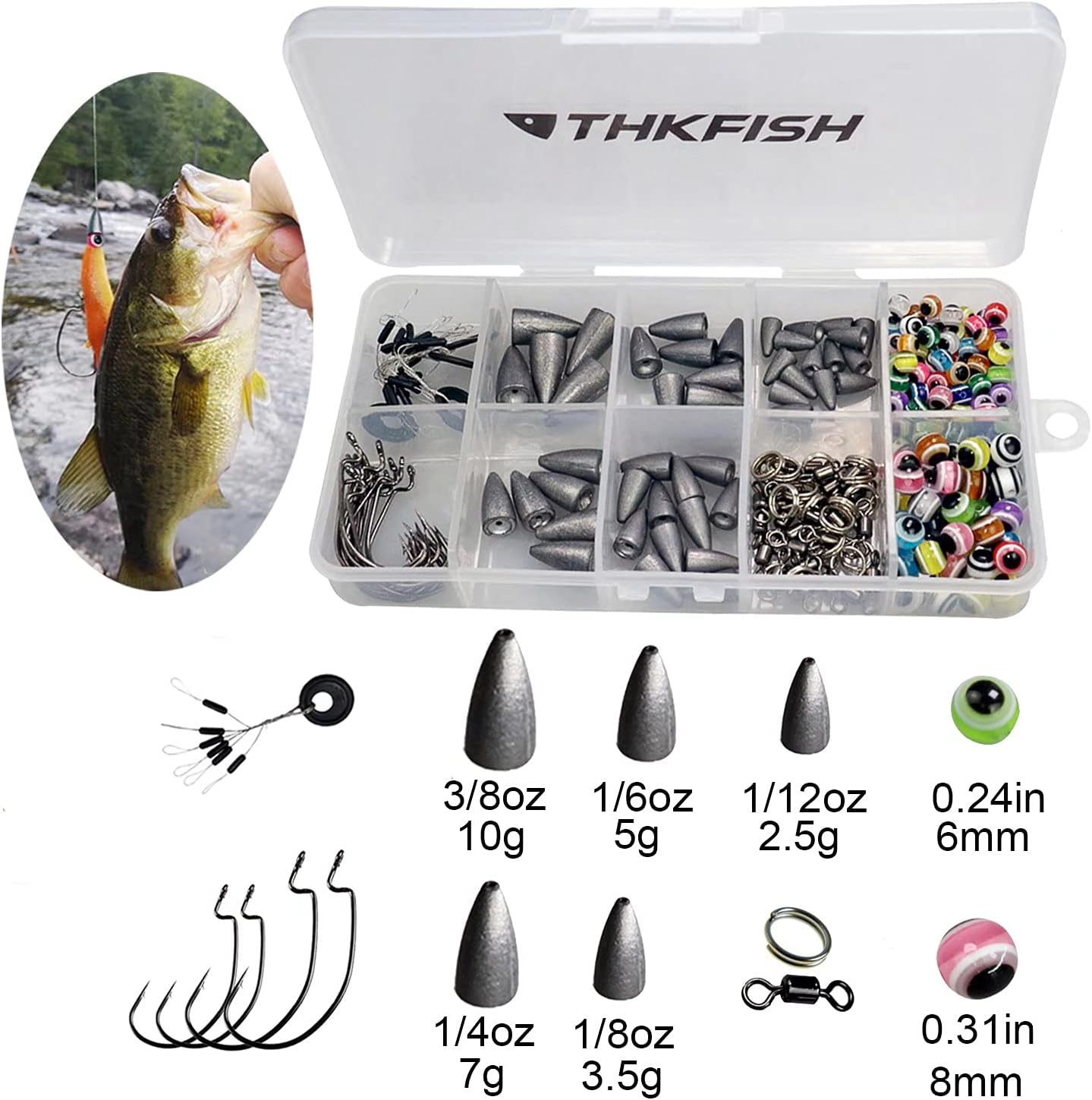 THKFISH Fishing Weights Sinkers Fishing Beads Bullet Sinkers Carolina Rig Texas Rig Kit Fishing Accessories Kit 64pcs/219pcs