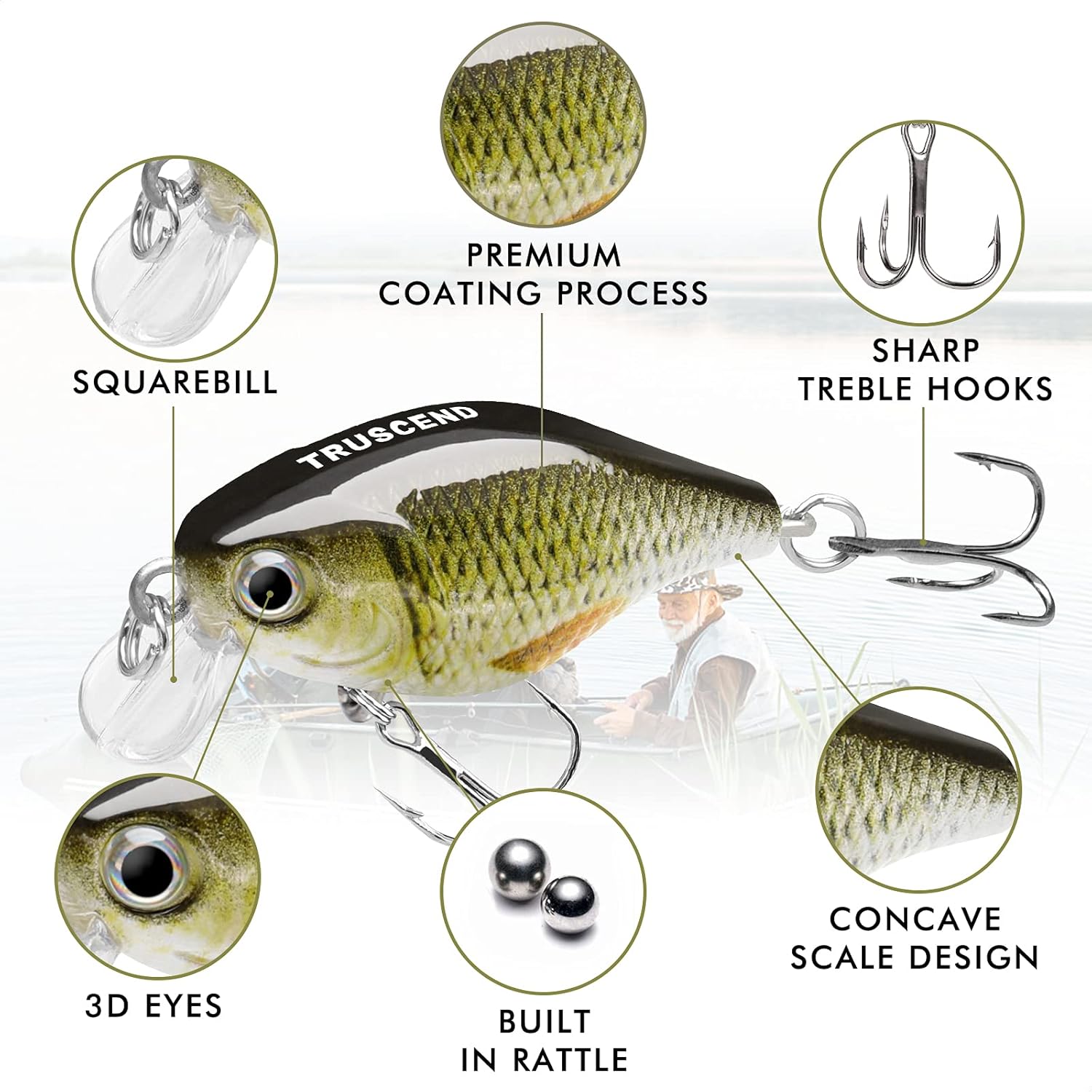 TRUSCEND Easy Catch Crankbait with BKK Hooks, Shallow or Deep Diving Crank Bait Fishing Lures for Bass Pike Walleye, Unipue Wobble Design for More Bites, Vibe Lipless Crankbaits Freshwater Saltwater