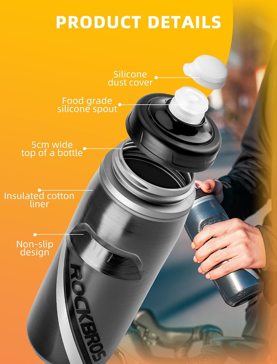 ROCKBROS Bike Water Bottle, 21oz Insulated Cycling Squeeze Bottle