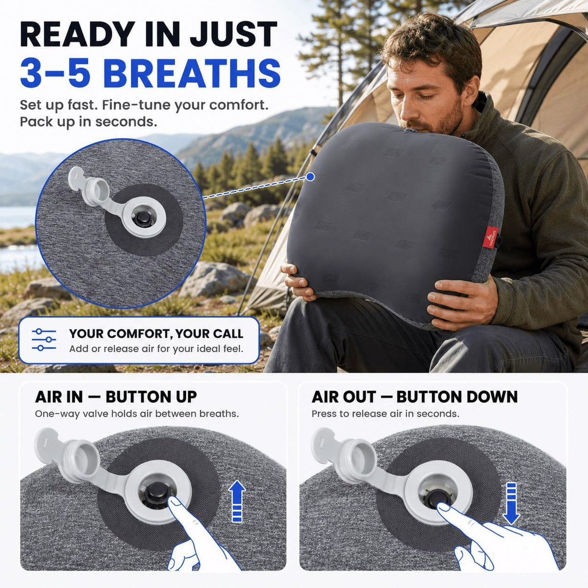 Hikenture Ultralight Inflatable Camping Pillow with Removable Cover, Grey