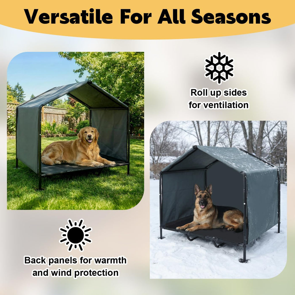 Large Dog Shade with Elevated Dog Bed, Waterproof Dog Tent with Back Cover