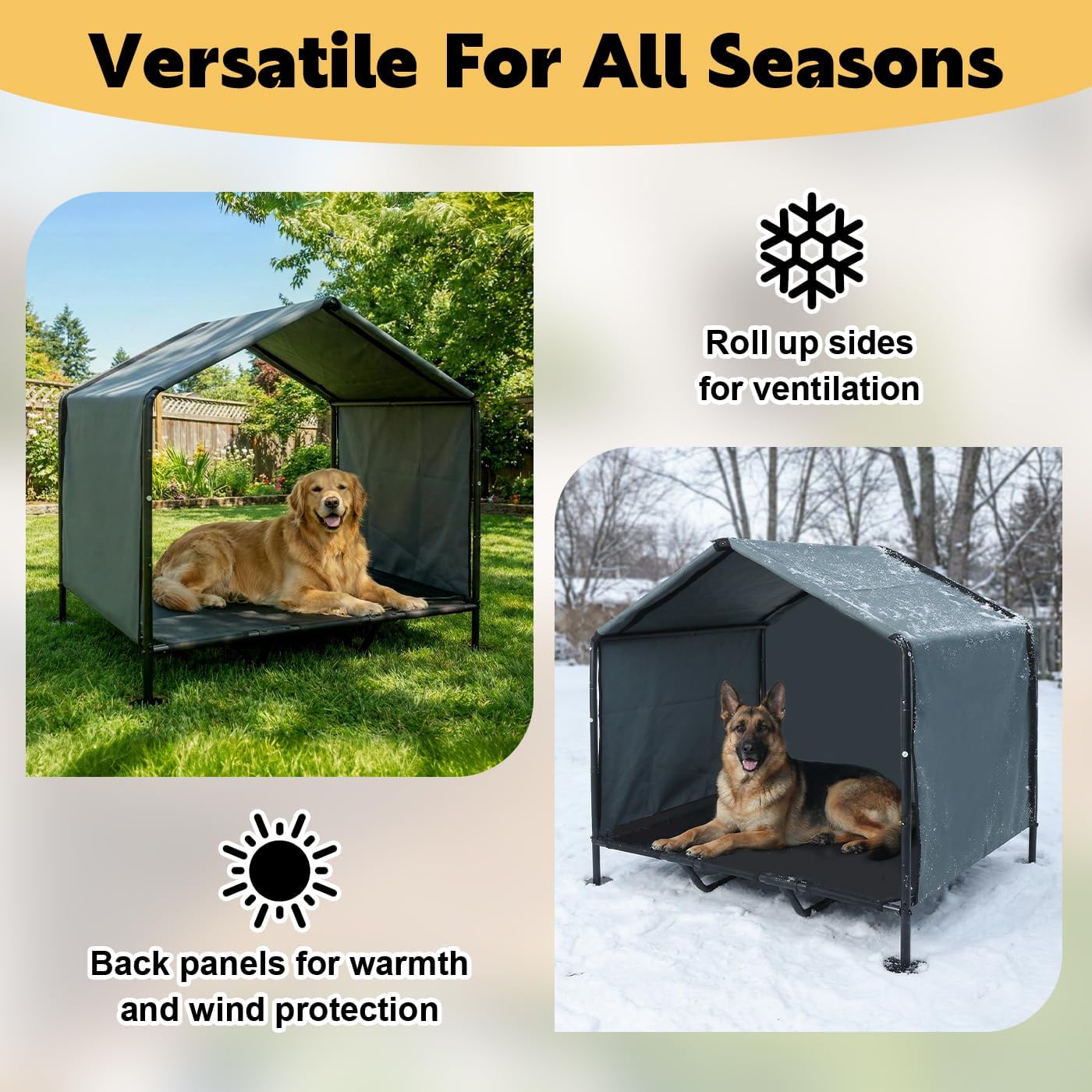 Large Dog Shade with Elevated Dog Bed, Waterproof Dog Tent with Back Cover