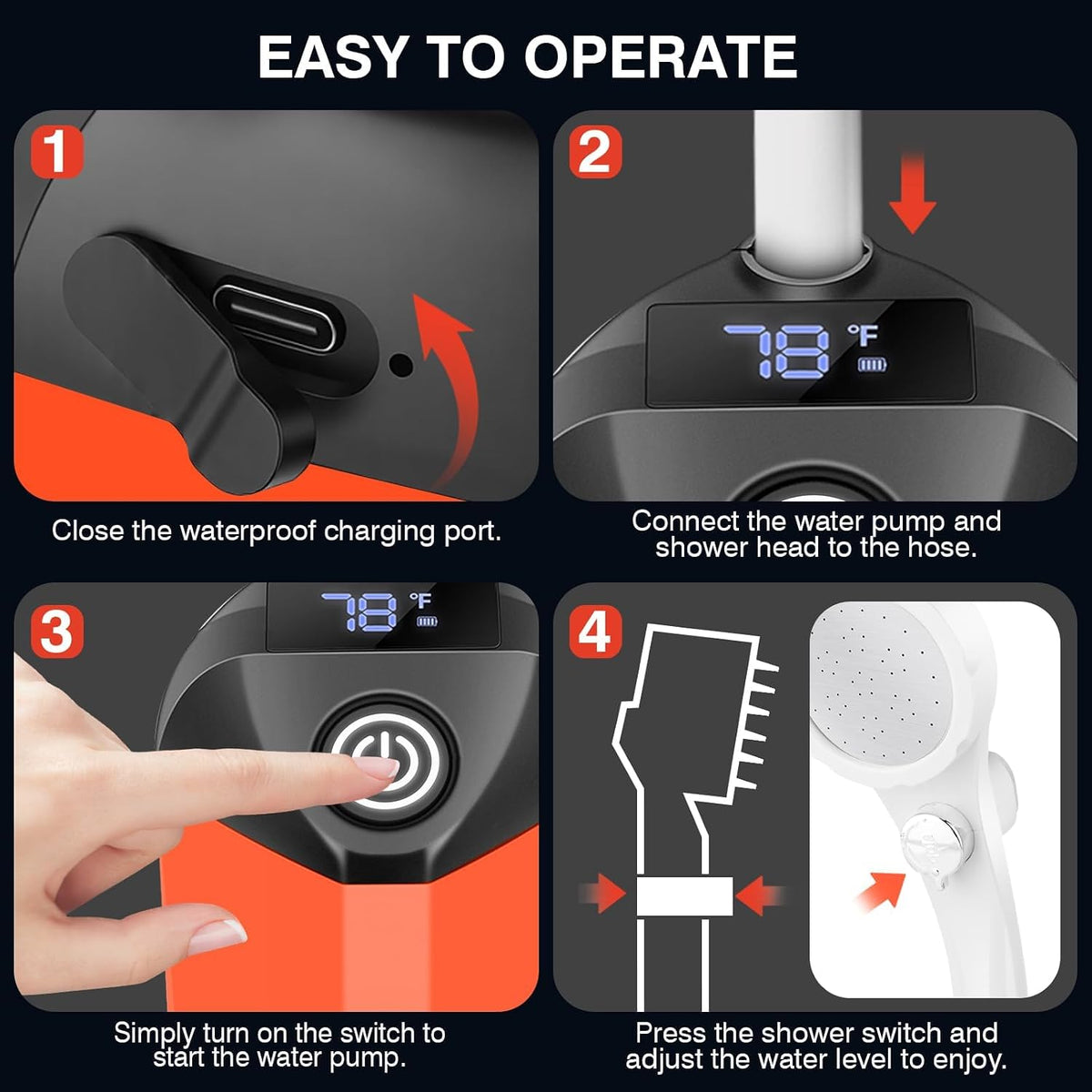Portable Shower for Camping,7800mAh Rechargeable Camping Shower Pump