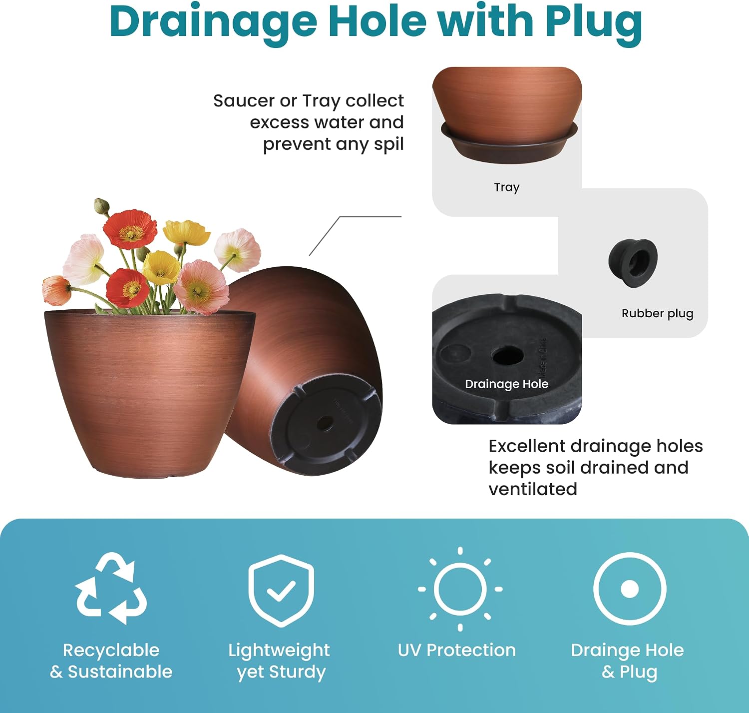 Vanslogreen 2 Pack Plastic Plant Pots with Drainage Holes, 8 inch Planter for Indoor Outdoor Plant, Garden Flower Pots for Aloe, Herbs, Cactus (Brushed Copper, 2pcs)