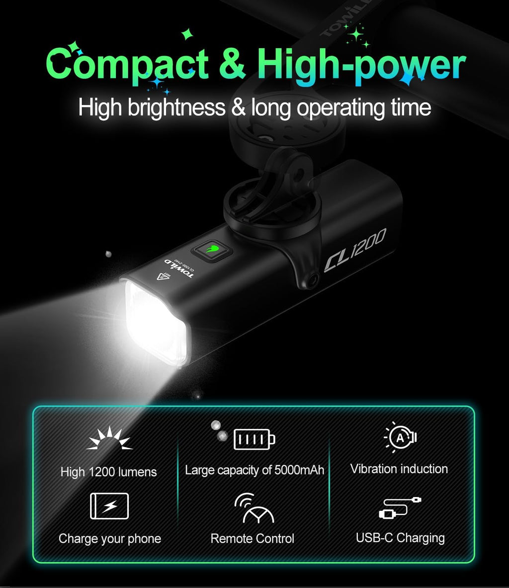 TOWILD CL1200 Bike Lights for Night Riding,Compatible with Garmin/GoPro Mount,1200 Lumen Bike Headlight,5000mAh Rechargeable Battery,Waterproof Bike Light for Commuter Cyclists