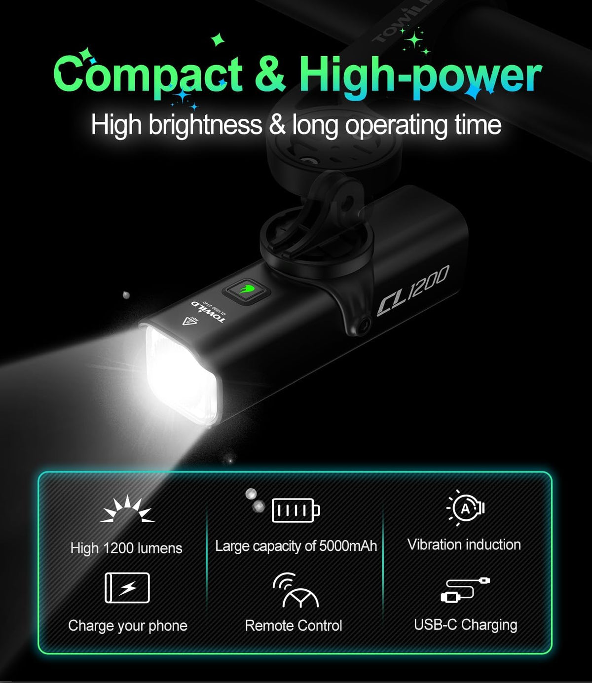TOWILD CL1200 Bike Lights for Night Riding,Compatible with Garmin/GoPro Mount,1200 Lumen Bike Headlight,5000mAh Rechargeable Battery,Waterproof Bike Light for Commuter Cyclists