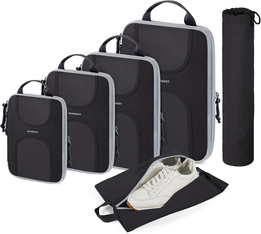 BAGSMART Compression Packing Cubes, 6 Set Packing Cubes for Suitcases, Lightweight Suitcases Organizers Bag Set & Compression Travel Cubes, Travel Essentials Packing Organizers Black
