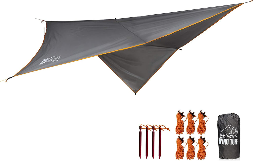 Ryno Tuff Hammock Rain Fly - Camping Tarp 10x10 Foot, The Tent Tarp is Waterproof Rated at 3000MM - Hammock Tarp Includes Aluminum Stakes and Guy Lines. Ultralight and Ultra-Durable