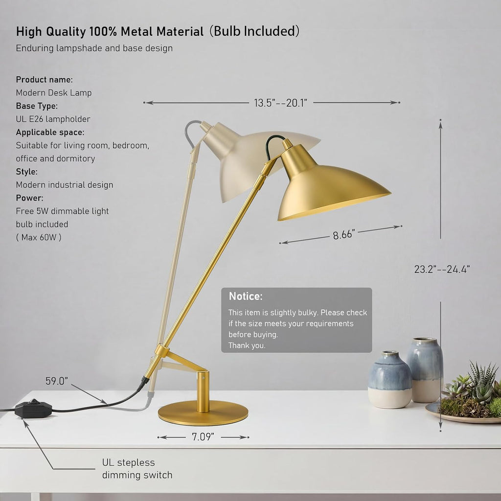Desk Lamp Modern Industrial 100% Metal Adjustable Table Lamp 24", Natural Light (4000K) with Dimmer, Ideal for Office Bedroom Study Room Living Room Nightstand Bedside Lamps Brass