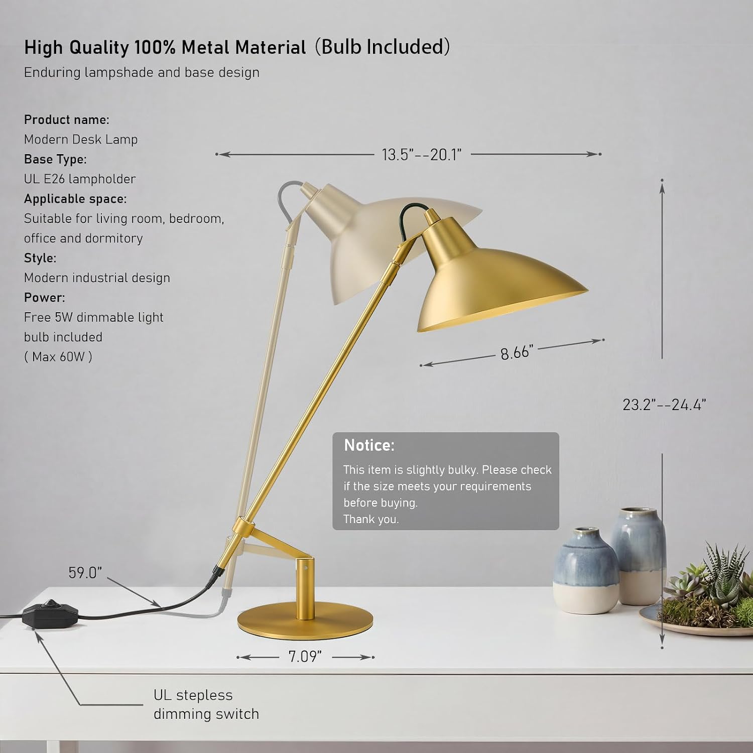 Desk Lamp Modern Industrial 100% Metal Adjustable Table Lamp 24", Natural Light (4000K) with Dimmer, Ideal for Office Bedroom Study Room Living Room Nightstand Bedside Lamps Brass